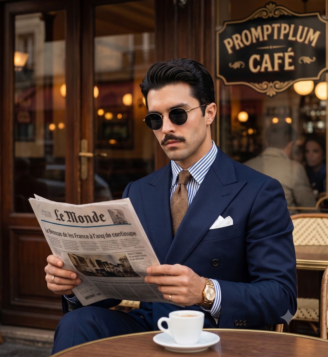 Man in Navy Suit Reading Newspaper Cafe Portrait AI Photo Editing Prompt. AI generated street style portrait of a mustached man in a navy suit and sunglasses reading a newspaper at a Parisian café terrace with an espresso cup.