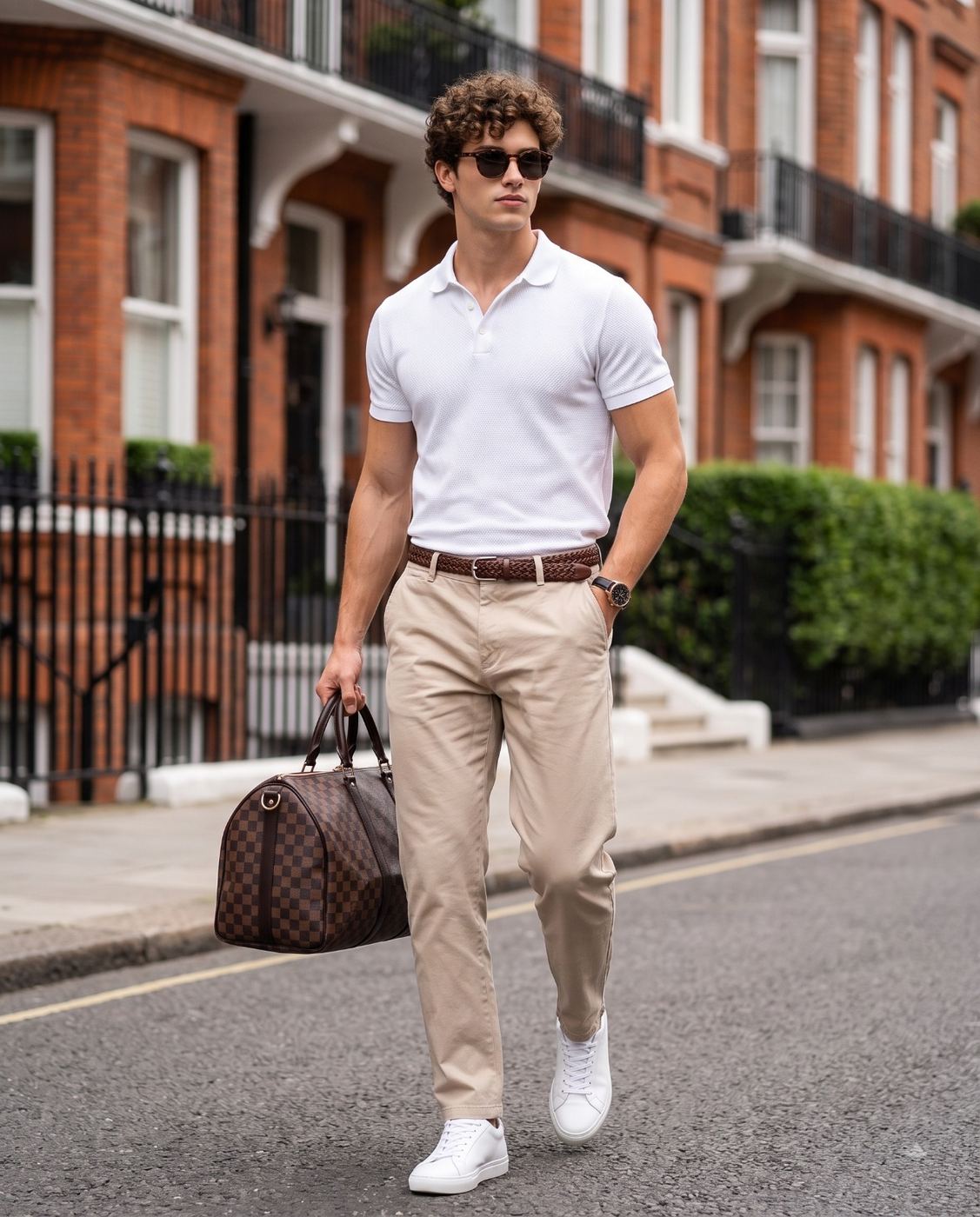 Man in White Polo with Checkered Duffel Bag Street Style AI Photo Editing Prompt. AI generated portrait of a curly-haired man in a white polo shirt and beige chinos walking with a brown checkered duffel bag on a London street.