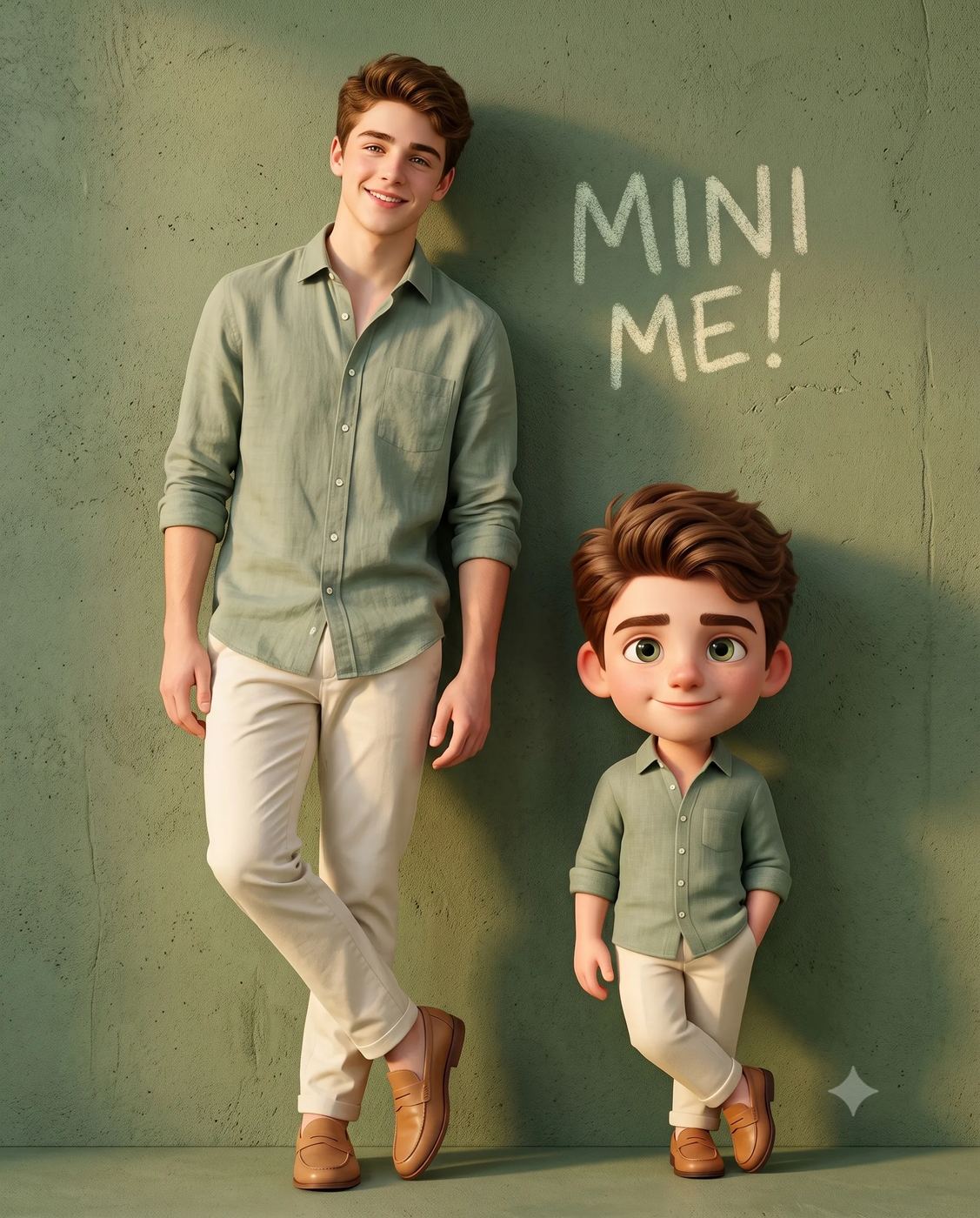 3D cartoon Mini Me AI Photo Editing Prompt. AI generated digital illustration of a smiling young man and his miniature 3D animated clone wearing matching green shirts and beige pants leaning against a green wall with "MINI ME!" text.