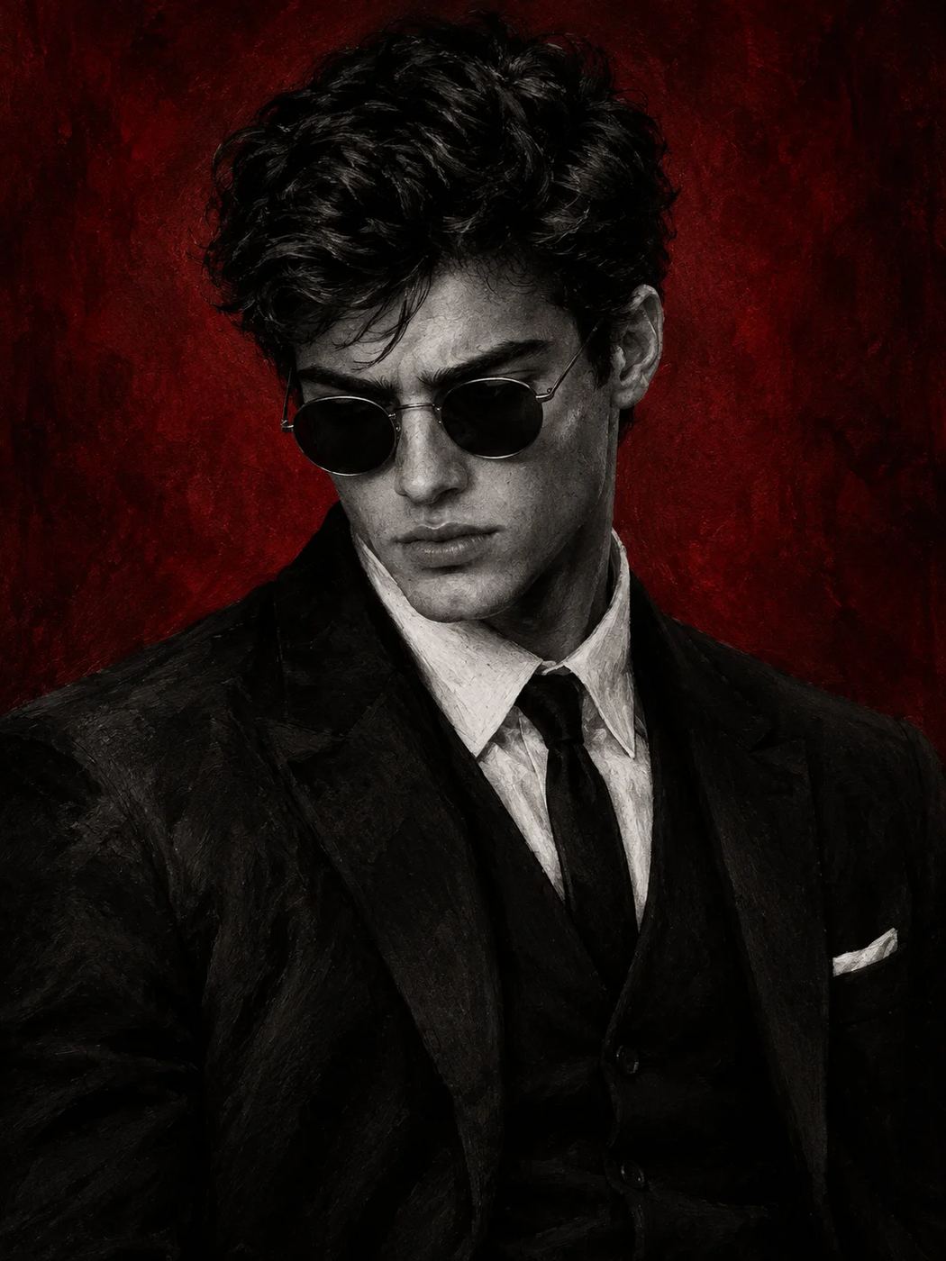 AI Photo Editing Prompt: Monochrome oil-painting portrait of a man in a black suit against a crimson red background.