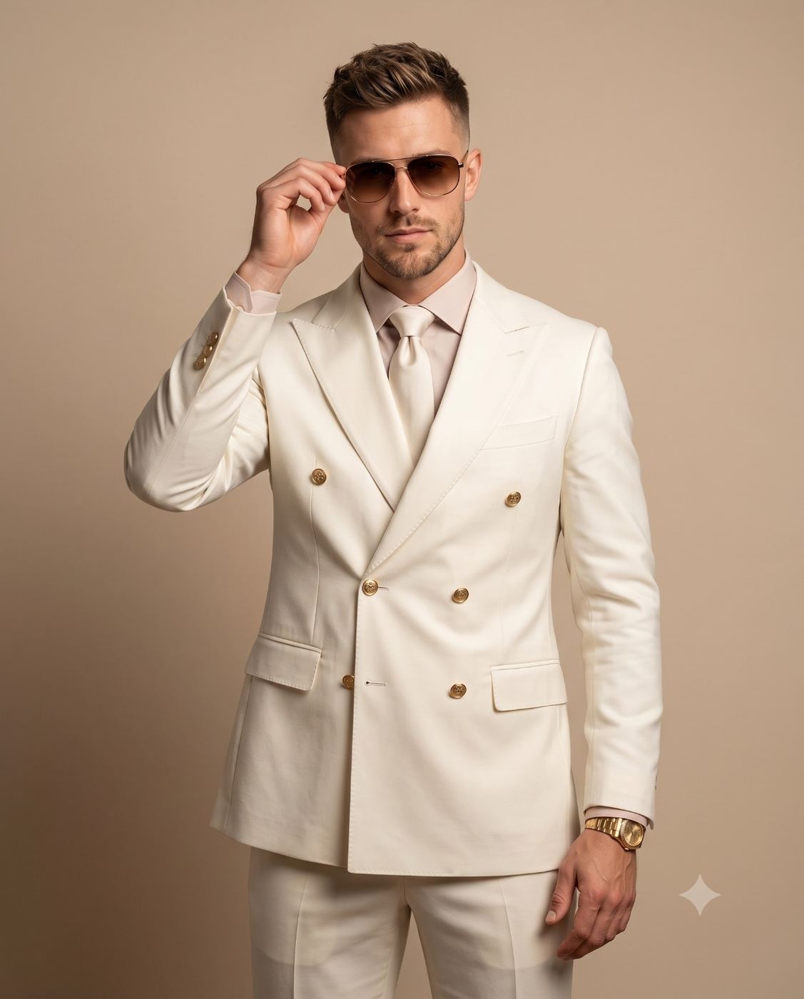 Man in Cream Double-Breasted Suit Portrait. AI Photo Editing Prompt. AI generated studio portrait of a man in a cream double-breasted suit, adjusting aviator sunglasses with a gold watch visible.