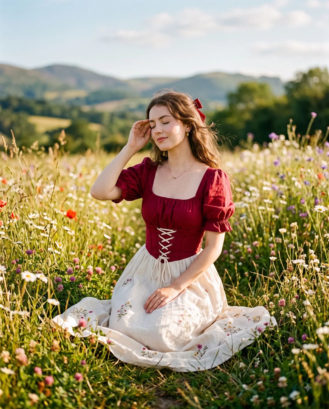 Cottagecore Portrait in Wildflower Field AI Photo Editing Prompt. AI generated portrait of a serene woman kneeling in a wildflower meadow wearing a red bodice and white skirt.