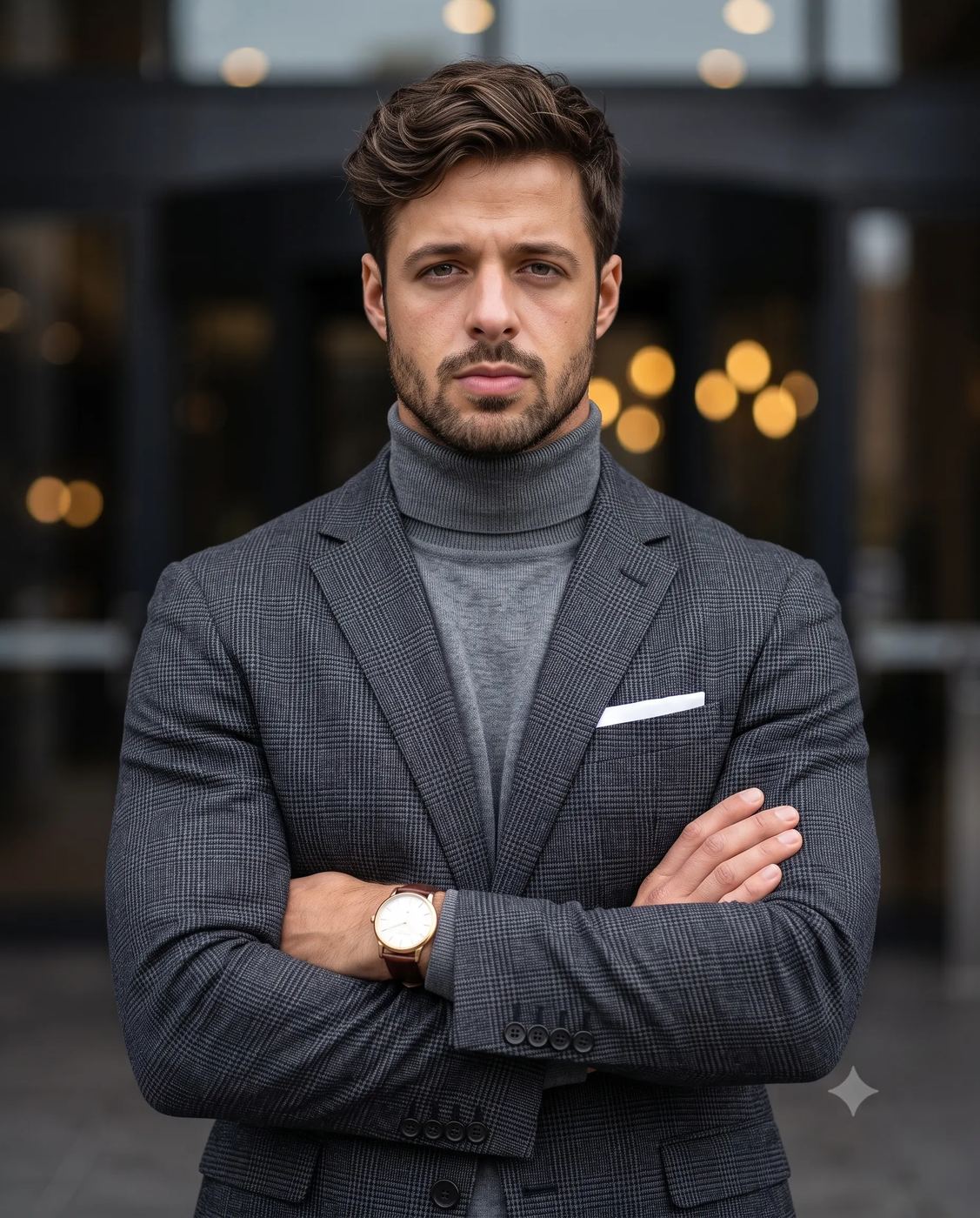 AI Generated portrait of a confident professional man with a short beard, wearing a grey plaid suit and a light grey turtleneck, standing with his arms crossed.