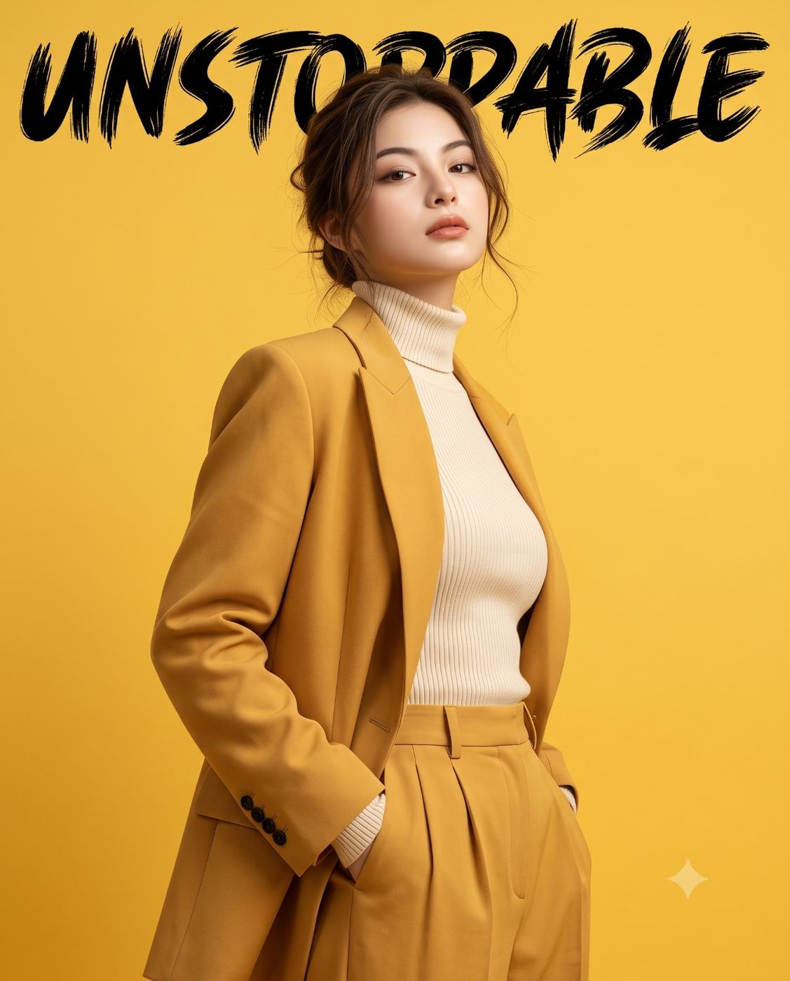 Woman in Yellow Suit Portrait AI Photo Editing Prompt. AI generated motivational portrait of a woman in a mustard-yellow blazer and trousers with 'UNSTOPPABLE' text positioned overhead.