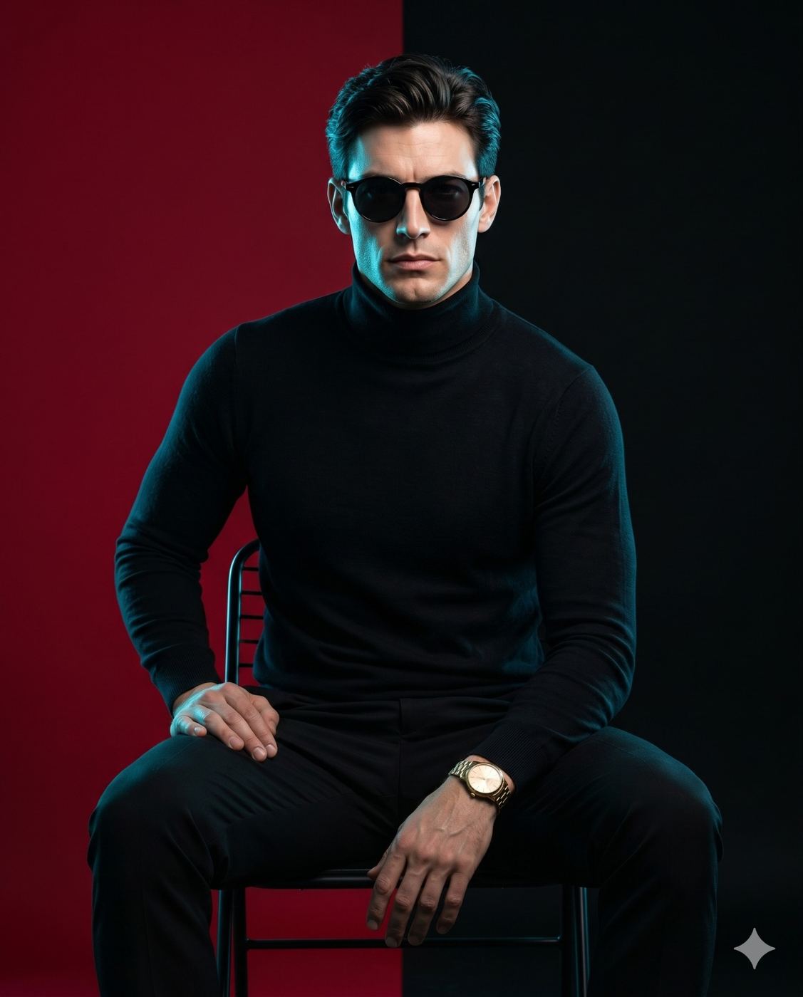 Fashion Portrait of Man with Gold Watch AI Photo Editing Prompt. AI generated cinematic studio portrait of a serious man in a black turtleneck and trousers, wearing sunglasses,