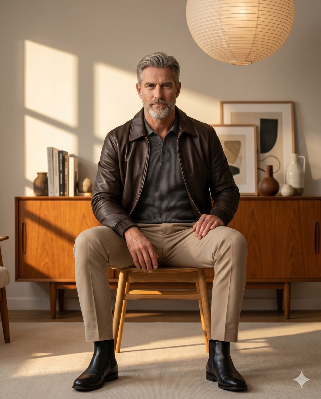 Mature Man in Leather Jacket Portrait AI Photo Editing Prompt. AI generated lifestyle portrait of a sophisticated older man with a grey beard wearing a brown leather jacket, sitting comfortably in a sunlit room.