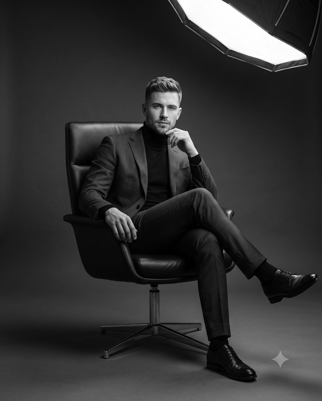 Bearded Man in Black Suit Studio Portrait AI Photo Editing Prompt. AI generated black and white studio portrait of a bearded man in a dark blazer and turtleneck sitting in a leather chair with one leg crossed and hand on chin.