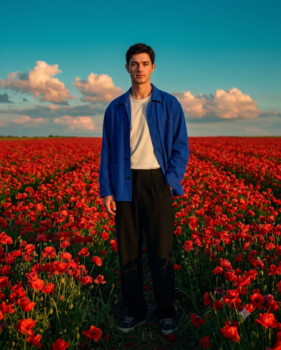 Man in Red Poppy Field Cinematic Portrait AI Photo Editing Prompt. AI generated outdoor portrait of a handsome young man wearing a blue jacket and white t-shirt standing in a vast, vibrant field of red poppy flowers under a blue sky.