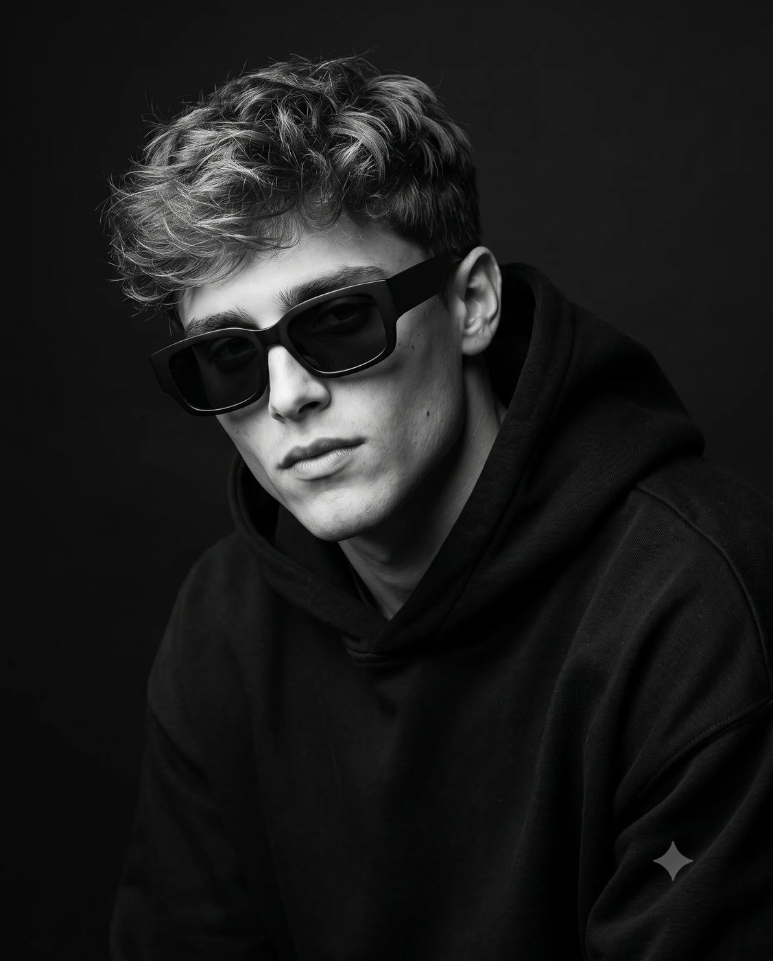 Monochrome Boy Portrait AI Photo Editing Prompt. AI generated black and white studio portrait of a stylish young man wearing a black hoodie and rectangular sunglasses.
