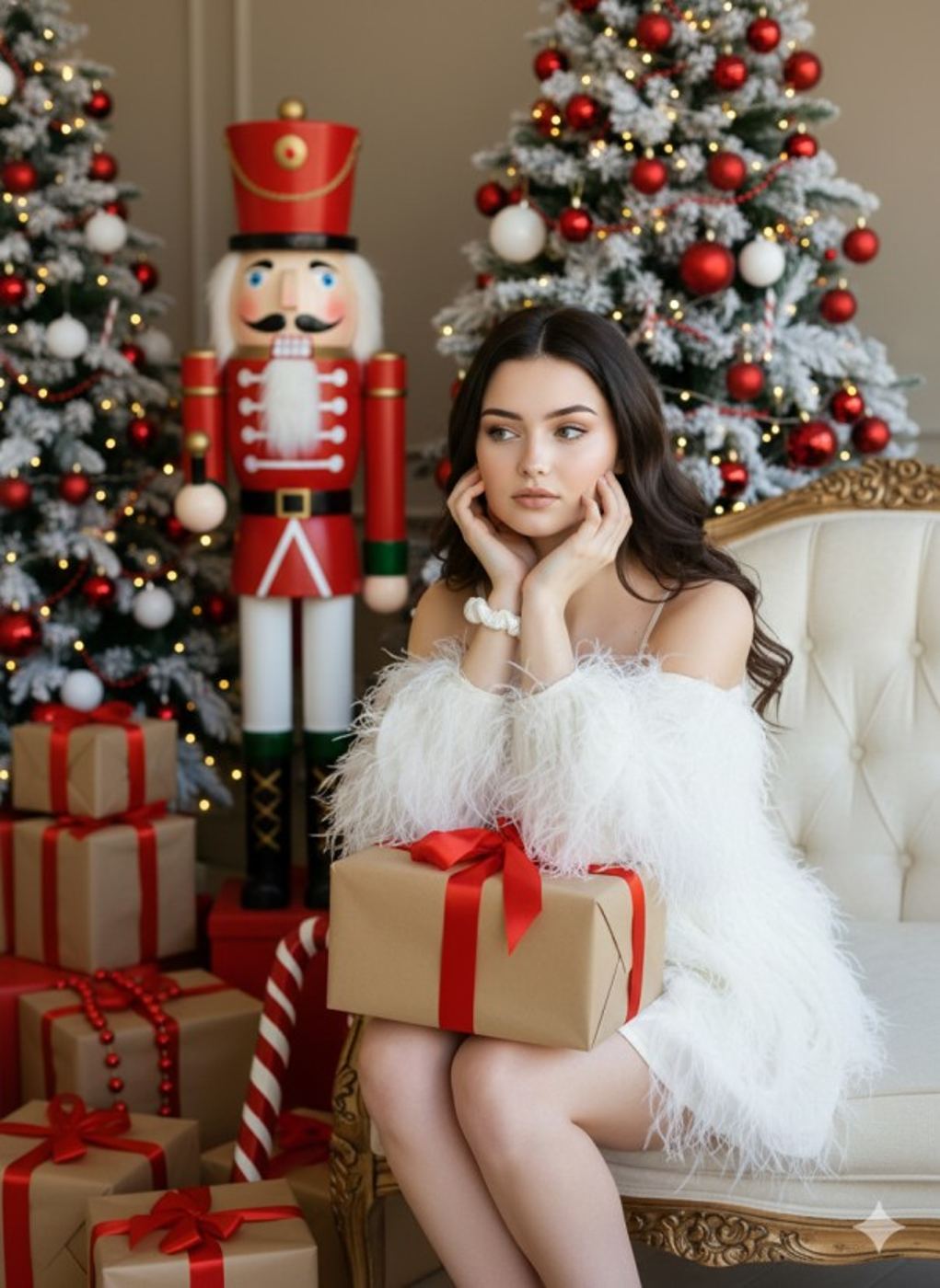 Gemini AI Generated Image of A young woman with long dark wavy hair sits on an elegant beige tufted chair in a festive Christmas setting. She is wearing a fluffy white off-the-shoulder dress and rests her hands near her face with a soft expression, holding a gift box wrapped in brown paper with a red ribbon on her lap. Behind her stands a large, life-sized Nutcracker soldier flanked by two snow-flocked Christmas trees decorated with red and white ornaments. Several matching gift boxes are stacked on the floor around the chair.