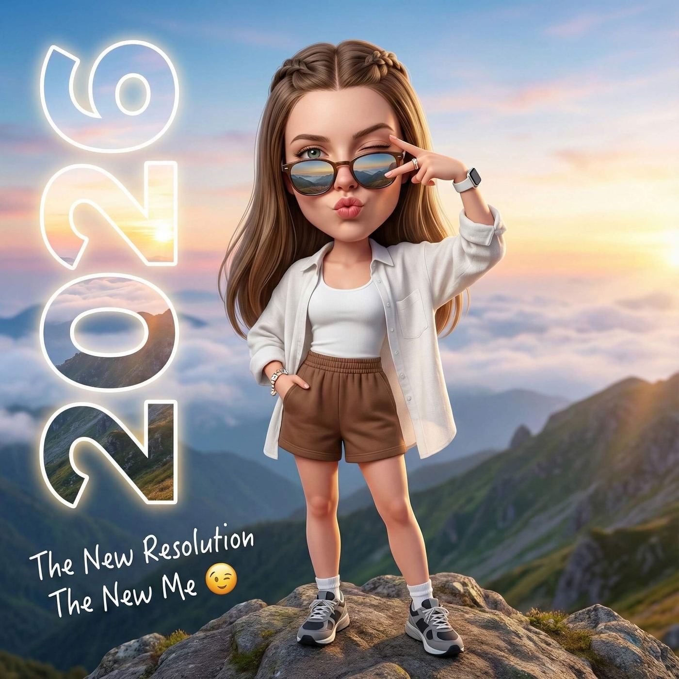Gemini AI Generated Image: A stylized 3D digital illustration of a young woman with an oversized head (caricature style) standing atop a rocky mountain peak at sunrise. She has long brown hair with small braids, wears sunglasses, a white open shirt over a tank top, and brown shorts. She is making a peace sign and a kissing face toward the camera. To the left, the year "2026" is displayed in large, glowing, translucent vertical numbers that reveal the mountain landscape within them. At the bottom left, the handwritten text reads, "The New Resolution, The New Me đ". The background features a soft, golden sunrise over a sea of clouds and rolling mountain ranges.