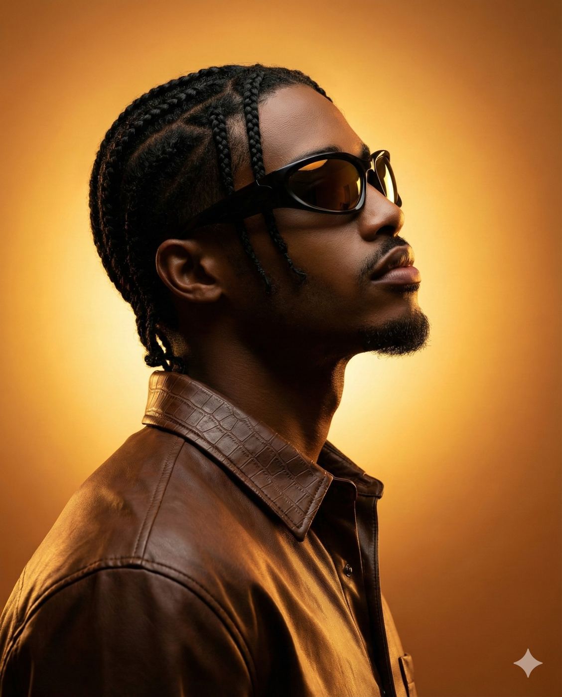Gemini AI Generated profile portrait of a young Black man against a warm, golden-orange gradient background. He has intricately braided hair and wears dark, futuristic wrap-around sunglasses. His brown leather jacket features a textured, embossed crocodile pattern on the collar and shoulder. Warm light from behind and the side accentuates the contours of his face, the braids, and the rich texture of his jacket. He gazes upwards and to the right with a confident, serious expression, and a goatee is visible. The overall mood is stylish and cool.