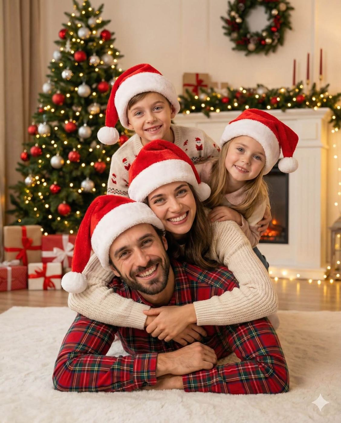 Gemini AI Generated Image: A cheerful family of four posing in a playful stack on a white rug. The father lies on his stomach wearing a plaid shirt, with the mother on his back, and a young boy and girl piled on top. All four are smiling at the camera and wearing red Santa hats. The background features a cozy living room with a lit Christmas tree, wrapped gifts, and a decorated fireplace.