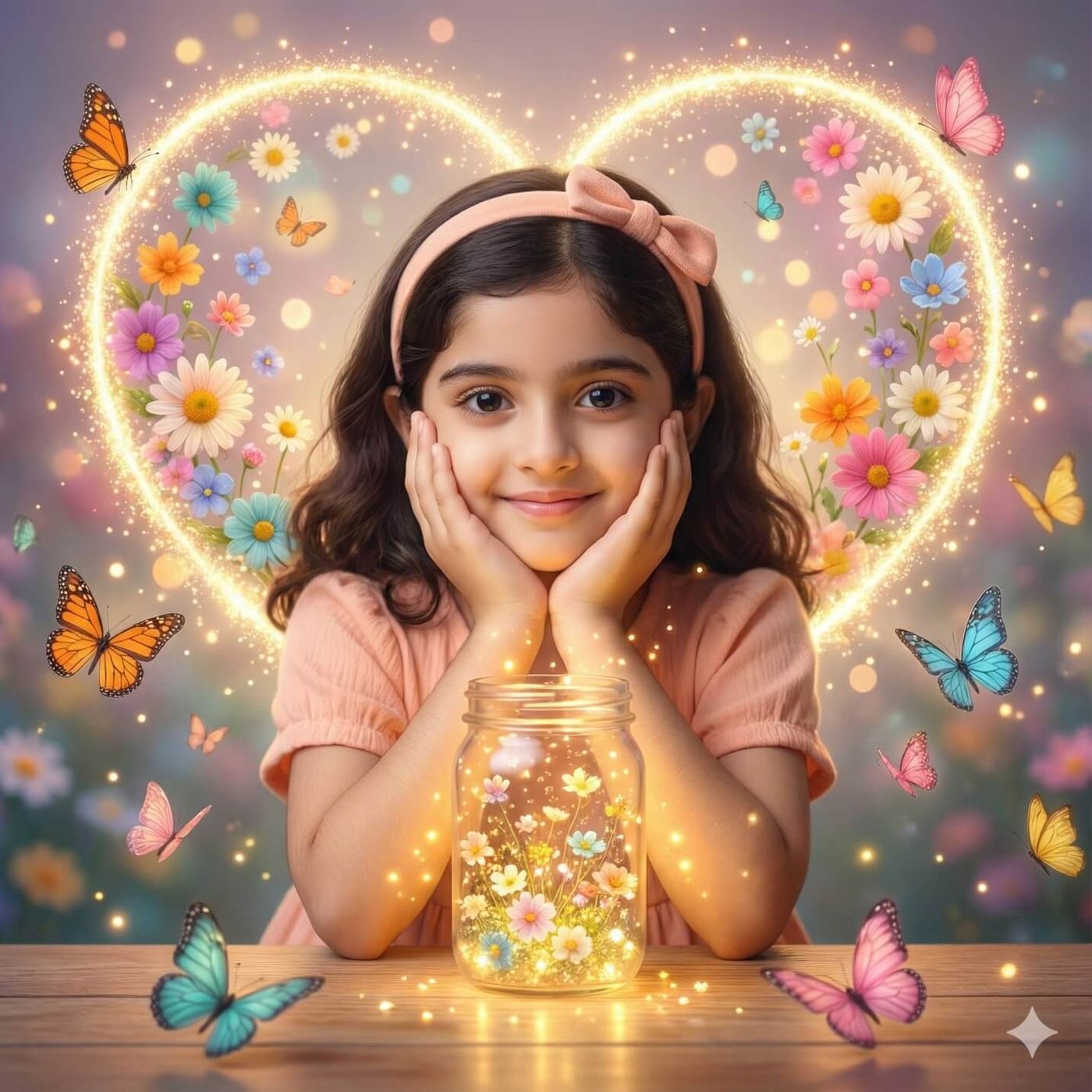 Gemini AI Generated Image: A whimsical digital illustration of a smiling young girl with wavy brown hair and a pink headband, resting her chin on her hands. A glass jar filled with glowing light and tiny flowers sits on the wooden table in front of her. Behind her, a large, glowing heart-shaped wreath made of colorful flowers frames her head, surrounded by fluttering butterflies and magical golden sparkles.