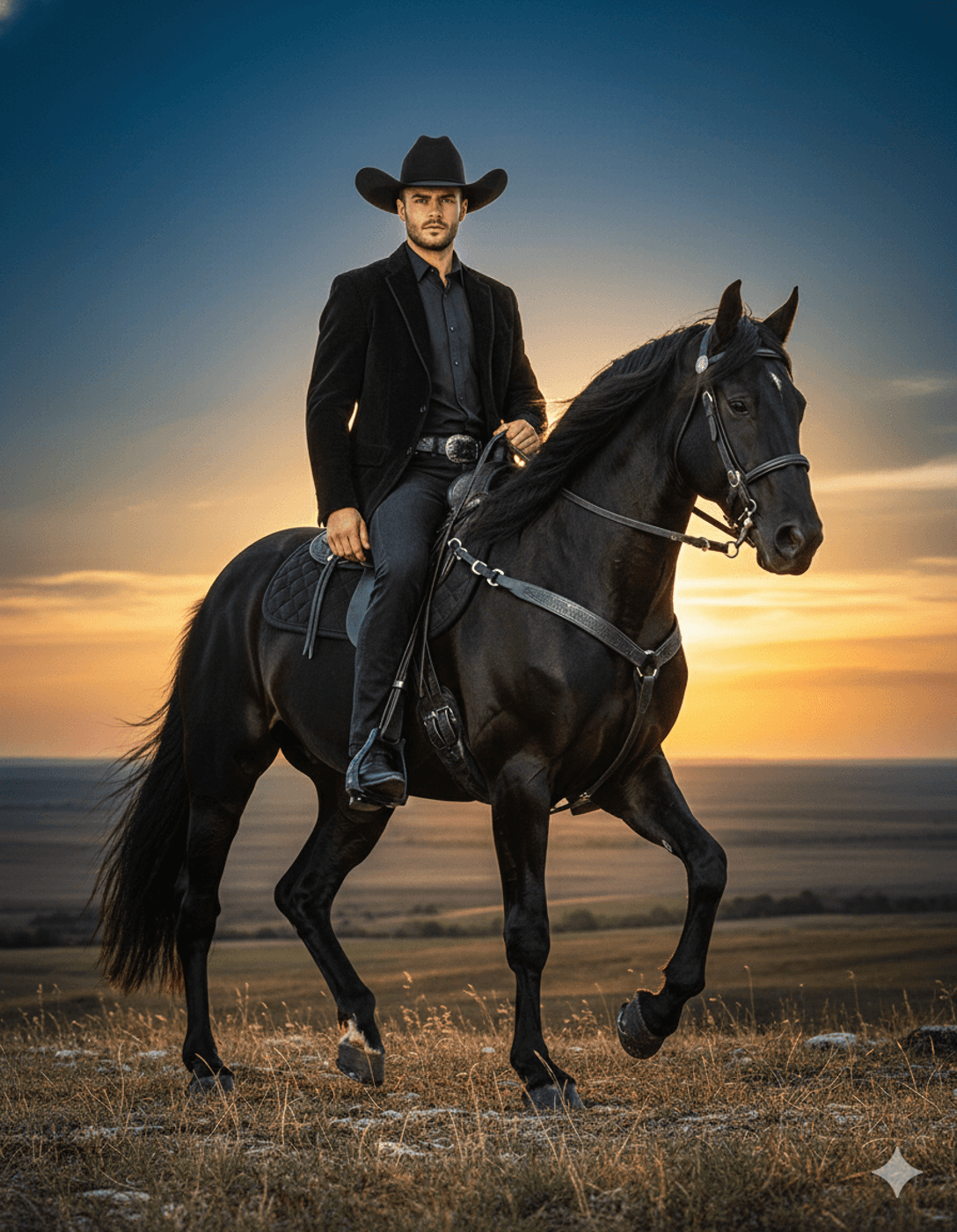 Gemini AI Generated Image: A man in a black cowboy hat and suit sits atop a sleek black horse in a grassy field at sunset. He looks directly at the camera with a serious expression. The golden light of the setting sun creates a halo effect behind him, casting long shadows across the rolling hills in the background. The horse is captured mid-stride, its dark coat gleaming.