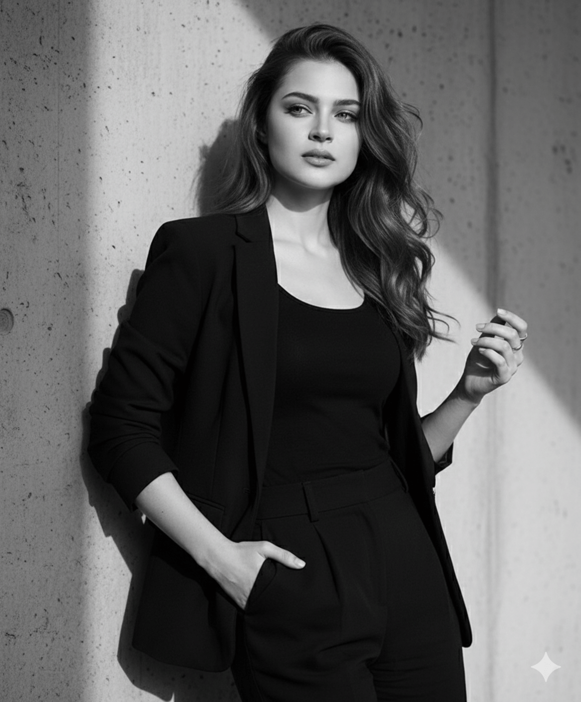 Gemini Generated: black and white photo of a woman with long, wavy hair, wearing a dark suit jacket and top, leaning against a concrete wall. She is looking towards the camera.
