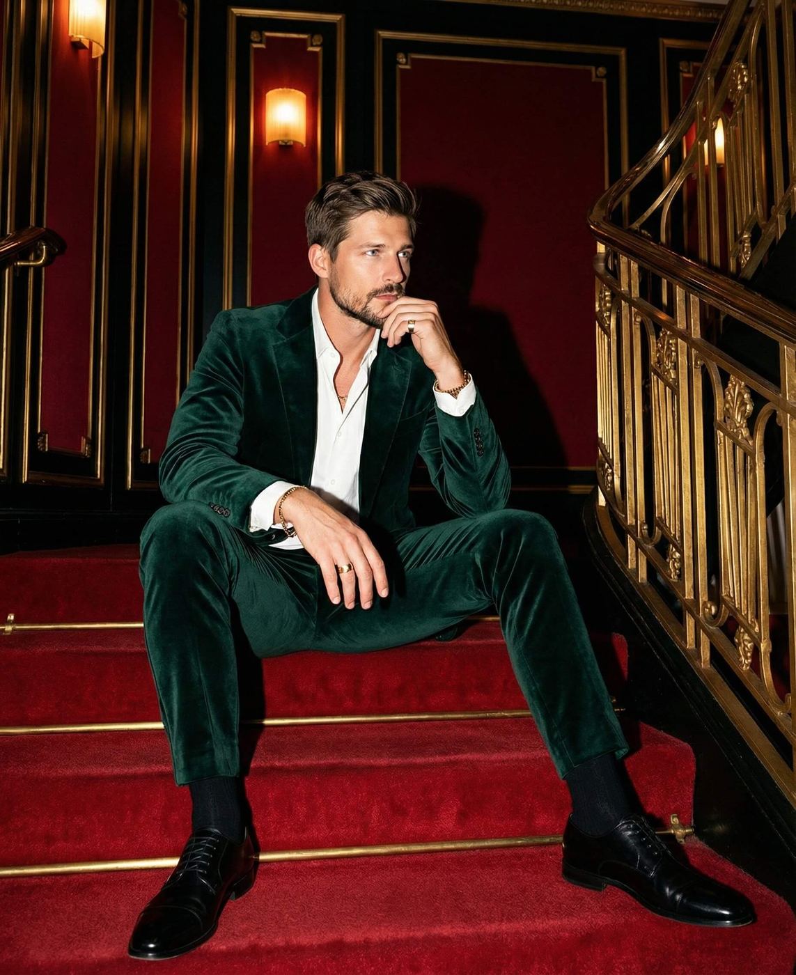 Gemini Generated Image: A man in a dark green velvet suit and a white shirt is sitting on a red carpeted staircase with gold railings. He is wearing black dress shoes.
