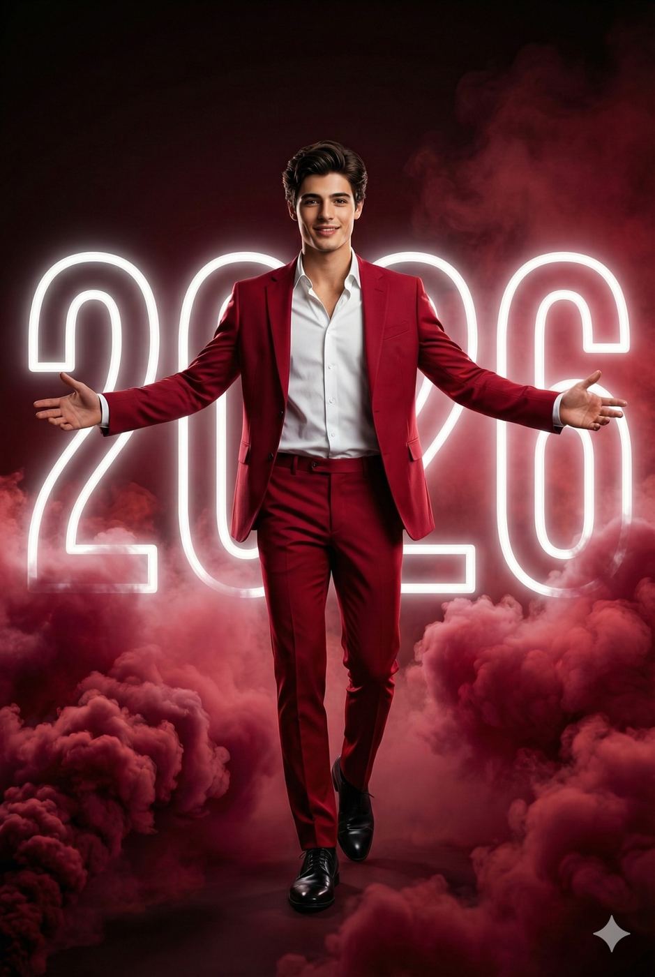 Gemini AI Generated Image: A photorealistic studio portrait of a smiling young man in a stylish deep red suit and white shirt, walking forward with arms spread wide in a welcoming gesture. Behind him, large, glowing white neon numbers display '2026' amidst swirling dark red smoke, creating a dramatic and celebratory New Year atmosphere.