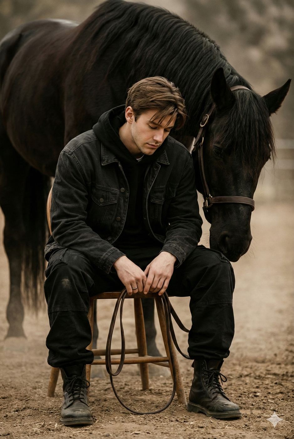 Gemini AI Generated Image of A man in black sits on a wooden chair while a black horse gently nuzzles his shoulder.