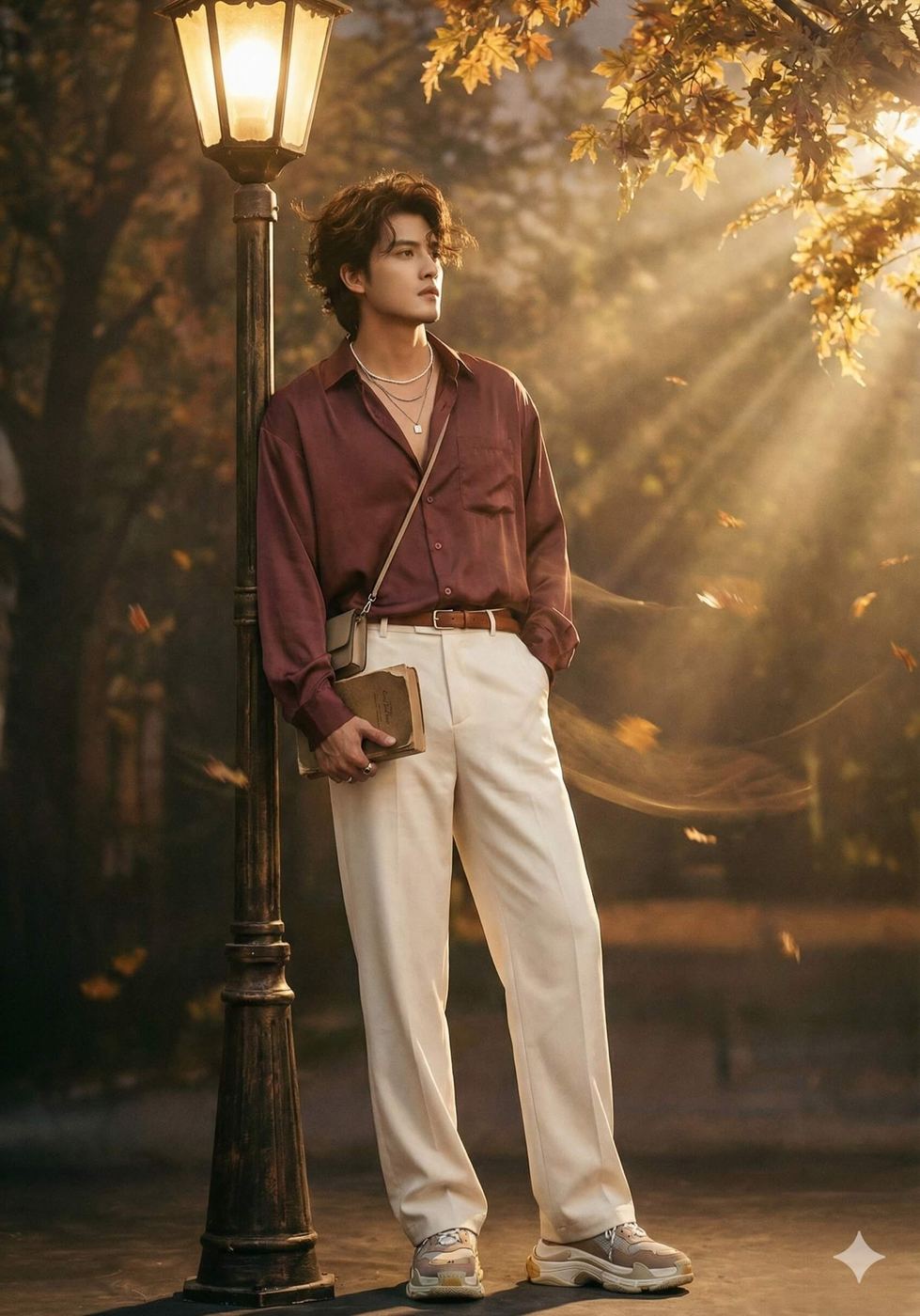 Gemini AI Generated Image: A man with brown, wavy hair is standing next to a vintage street lamp in an autumnal setting. He is wearing a burgundy button-down shirt tucked into light cream or off-white trousers with a brown belt. He has several silver necklaces, a small crossbody bag, and is holding a book. The background features warm, golden light filtering through autumn leaves, with some leaves seemingly falling around him.