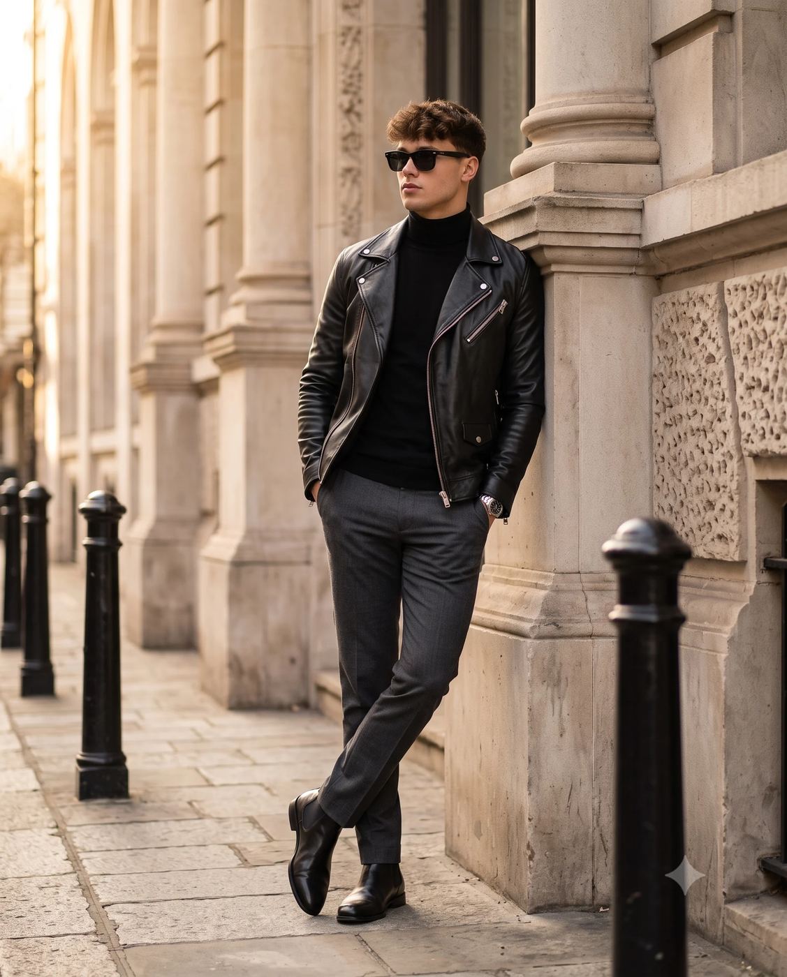 Leather Jacket Street Style Portrait AI Photo Editing Prompt. AI generated street style portrait photograph of a fashionable young man wearing a black leather biker jacket, turtleneck, and grey trousers, leaning casually on a stone column.