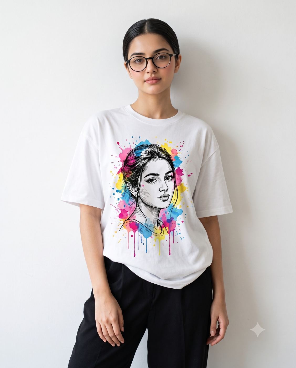 Watercolor graphic t-shirt mockup portrait of a young woman with glasses AI Photo Editing Prompt. AI generated fashion portrait of a girl wearing a white t-shirt featuring a colorful splash art face design against a white studio background.