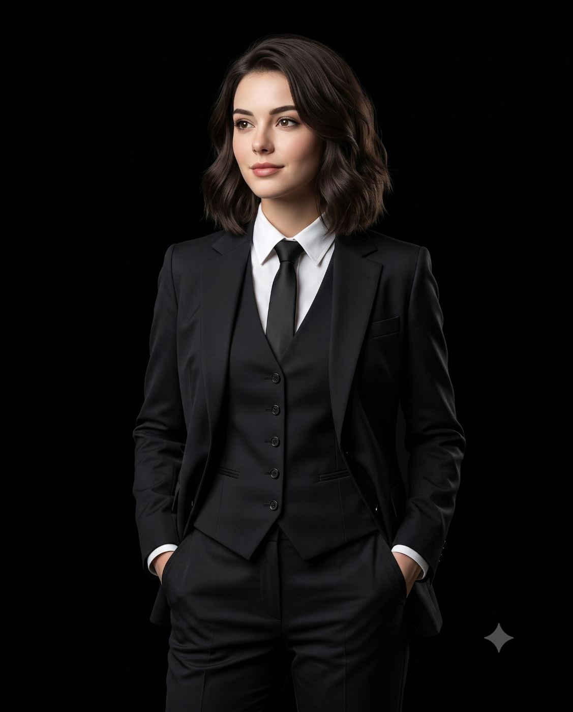 American Woman in Black Three-Piece Suit Portrait AI Photo Editing Prompt. AI generated professional portrait of a confident woman with short wavy hair wearing a suit and tie with hands in pockets against a black background.