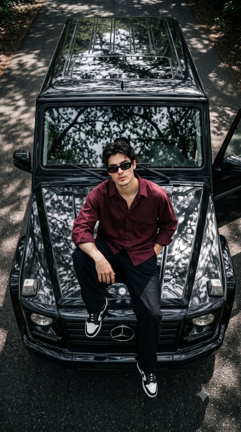 Man Sitting on Black G-Wagon Lifestyle Portrait AI Photo Editing Prompt. AI generated high-angle lifestyle portrait of a stylish young man in a maroon shirt, black pants, and sunglasses sitting on the hood of a glossy black luxury SUV.
