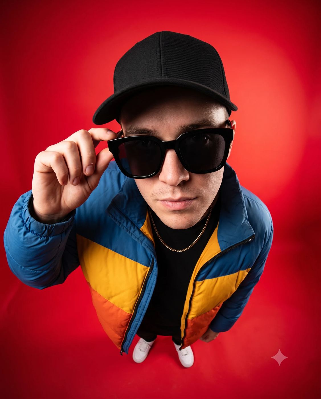 AI Prompt: Dramatic 10mm fisheye top-down portrait of a man adjusting oversized black sunglasses, wearing a color-block puffer jacket on a bold red background.