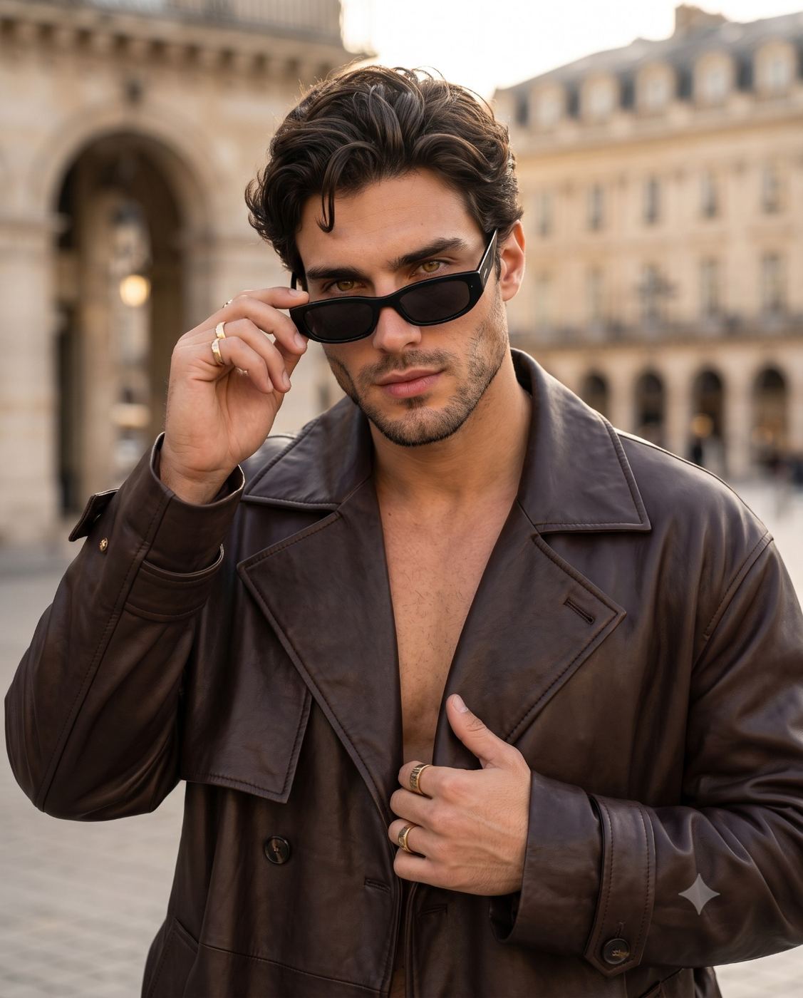 Stylish Man in Leather Coat Urban Portrait AI Photo Editing Prompt. AI generated cinematic fashion portrait of a handsome man with stubble adjusting his black sunglasses, wearing an open brown leather trench coat with gold rings on his fingers in an urban European city setting.