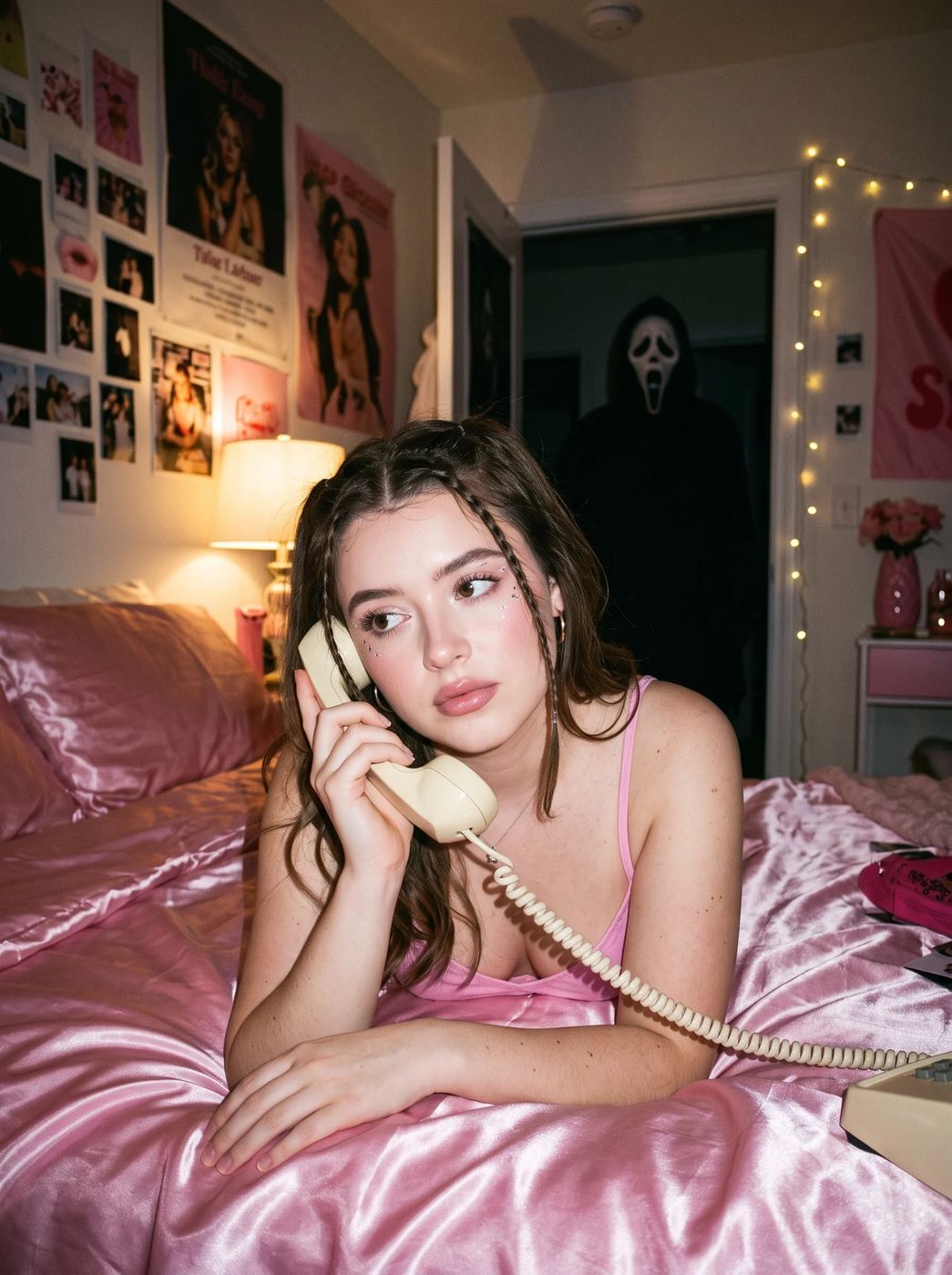 AI Photo Editing Prompt: Retro Y2K style photo of a young woman lying on a pink satin bed holding a vintage cream phone, with a Ghostface figure lurking in the doorway behind her.