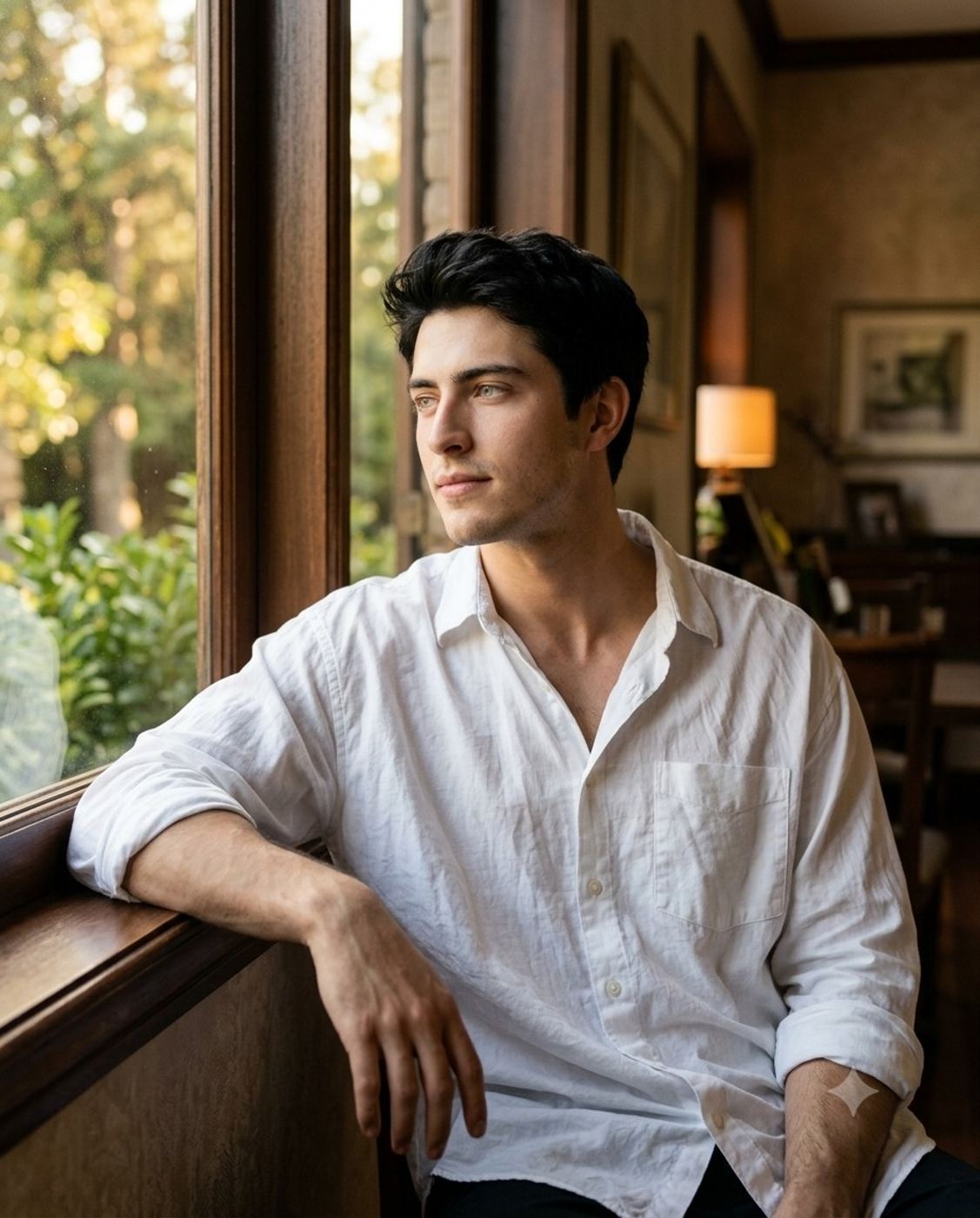 Young man in white shirt looking out window portrait AI Photo Editing Prompt. AI generated portrait of a handsome man sitting and gazing thoughtfully out of a wooden window in natural light.