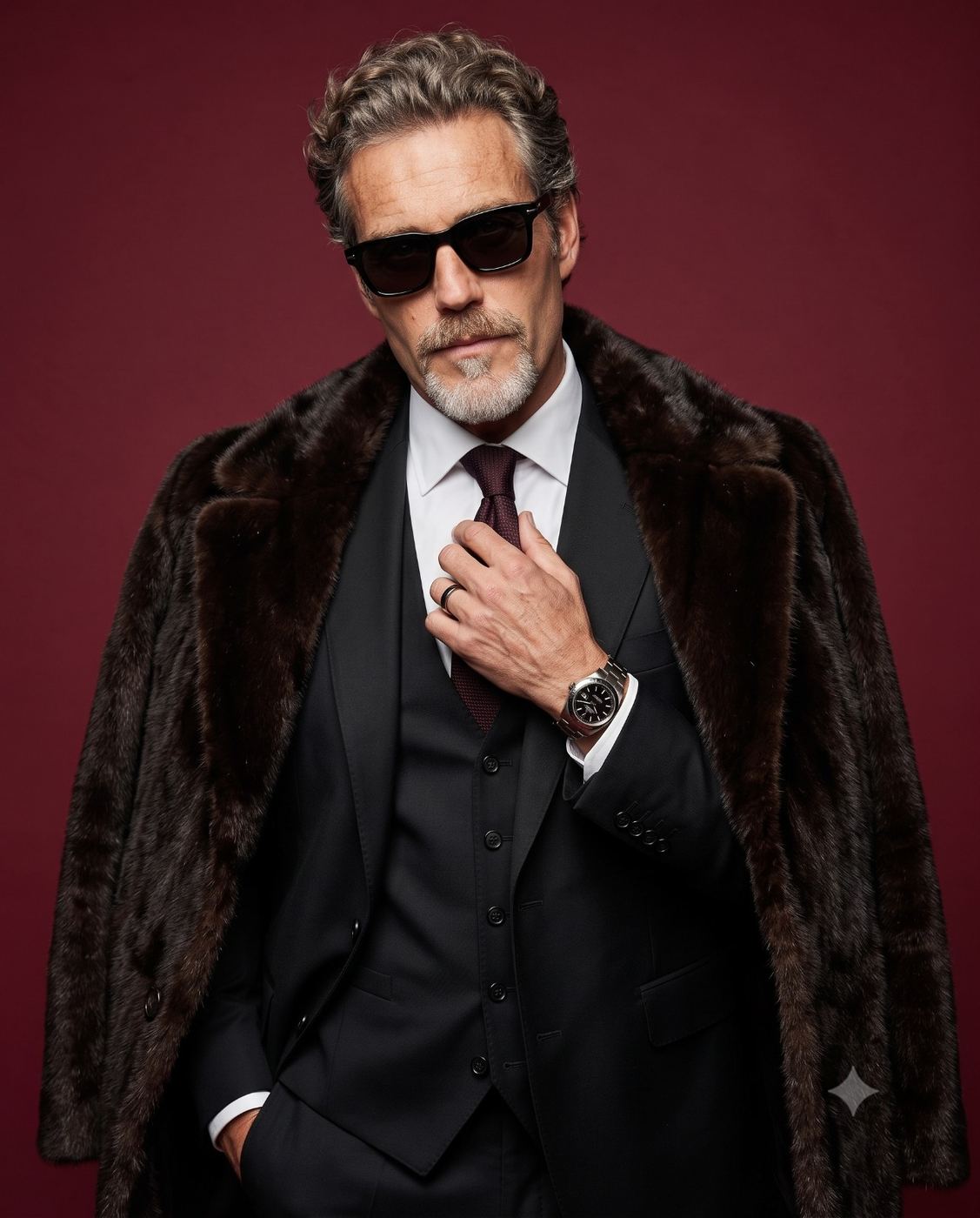 Mature Man in Fur Coat Fashion Portrait AI Photo Editing Prompt. AI generated studio portrait of a sophisticated older gentleman wearing a dark three-piece suit, sunglasses, and a heavy fur coat over his shoulders against a maroon background.