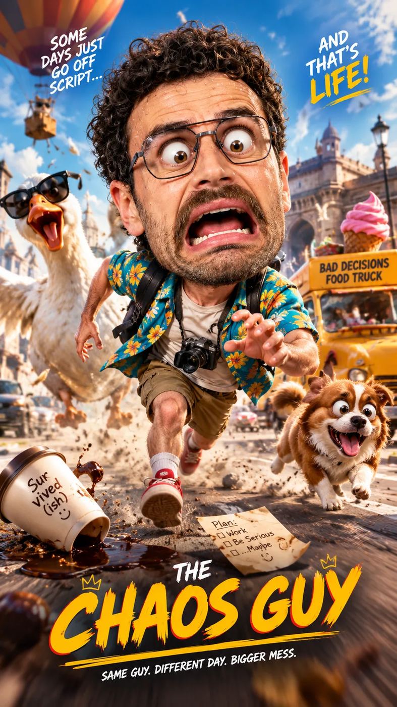 AI Photo Editing Prompt: Humorous editorial action design of a terrified tourist caricature with a giant head running from a large goose and a dog.