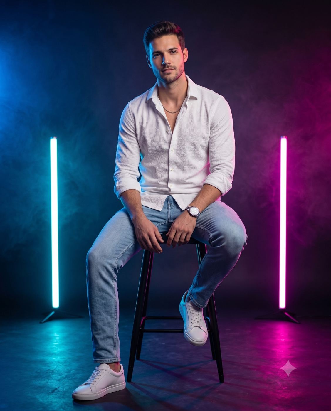 Seated Man in Neon Lighting Portrait AI Photo Editing Prompt. AI generated studio portrait of a stylish young man in a white shirt and jeans sitting on a stool between cyan and magenta neon lights.