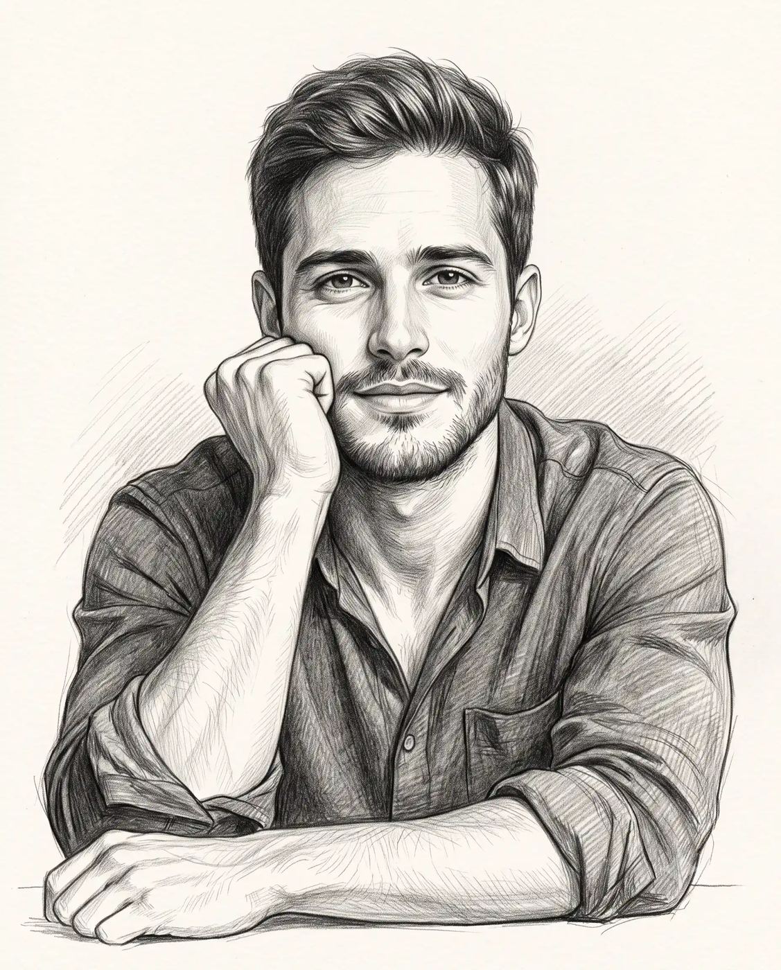 AI Photo Editing Prompt: A realistic graphite pencil sketch of a thoughtful young man with light stubble casually resting his chin on his fist.