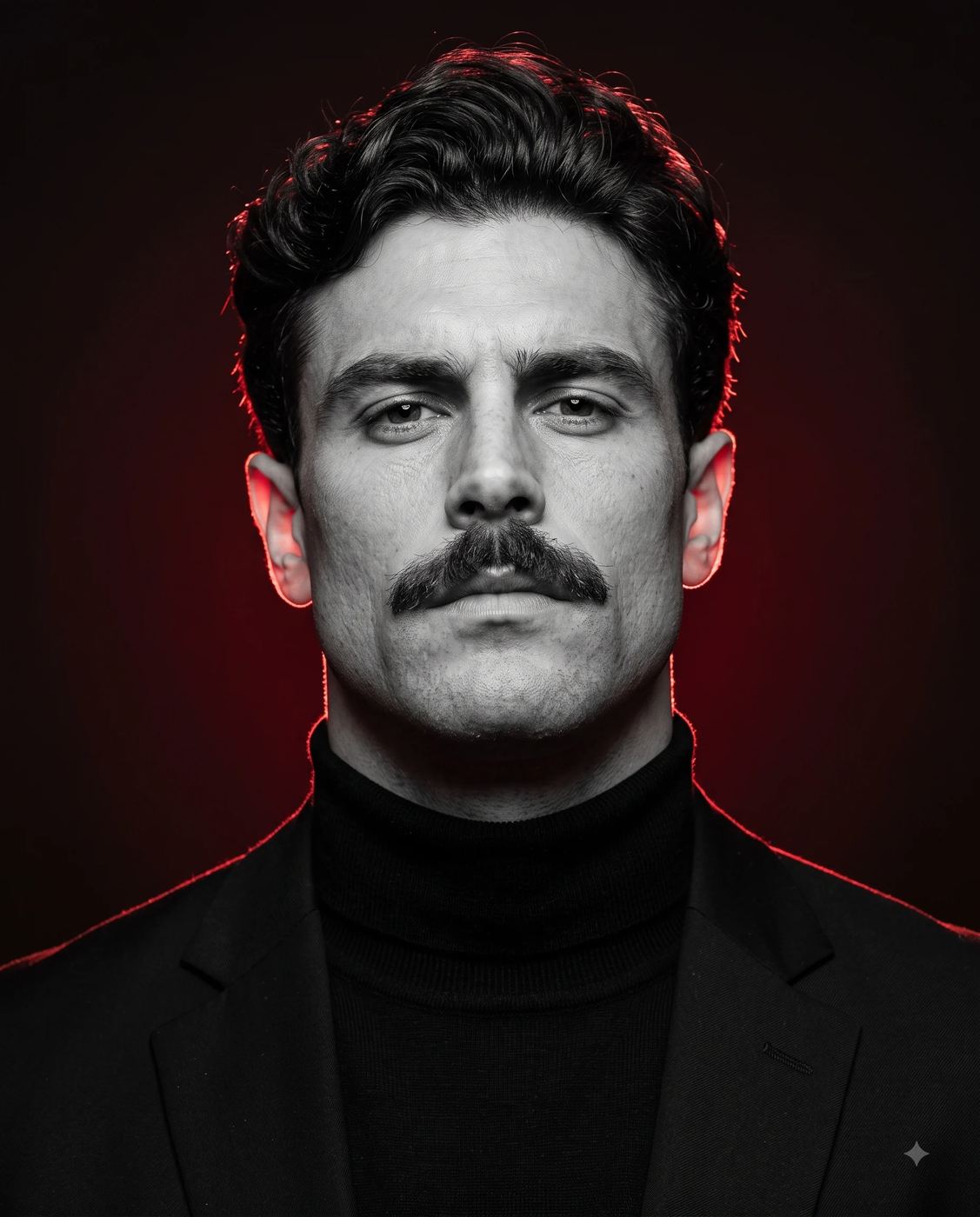 Dramatic Red Neon Rim Light Portrait AI Photo Editing Prompt. AI generated black and white portrait of a curly-haired man in a black turtleneck and blazer with glowing red rim lighting against a dark background.