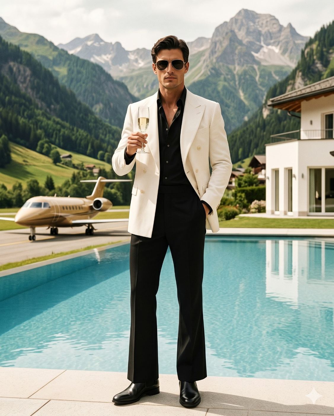 AI generated photorealistic portrait of a stylish man in a white blazer holding a champagne glass by an elegant pool, with a private gold jet, luxurious villa, and majestic mountains in the background.