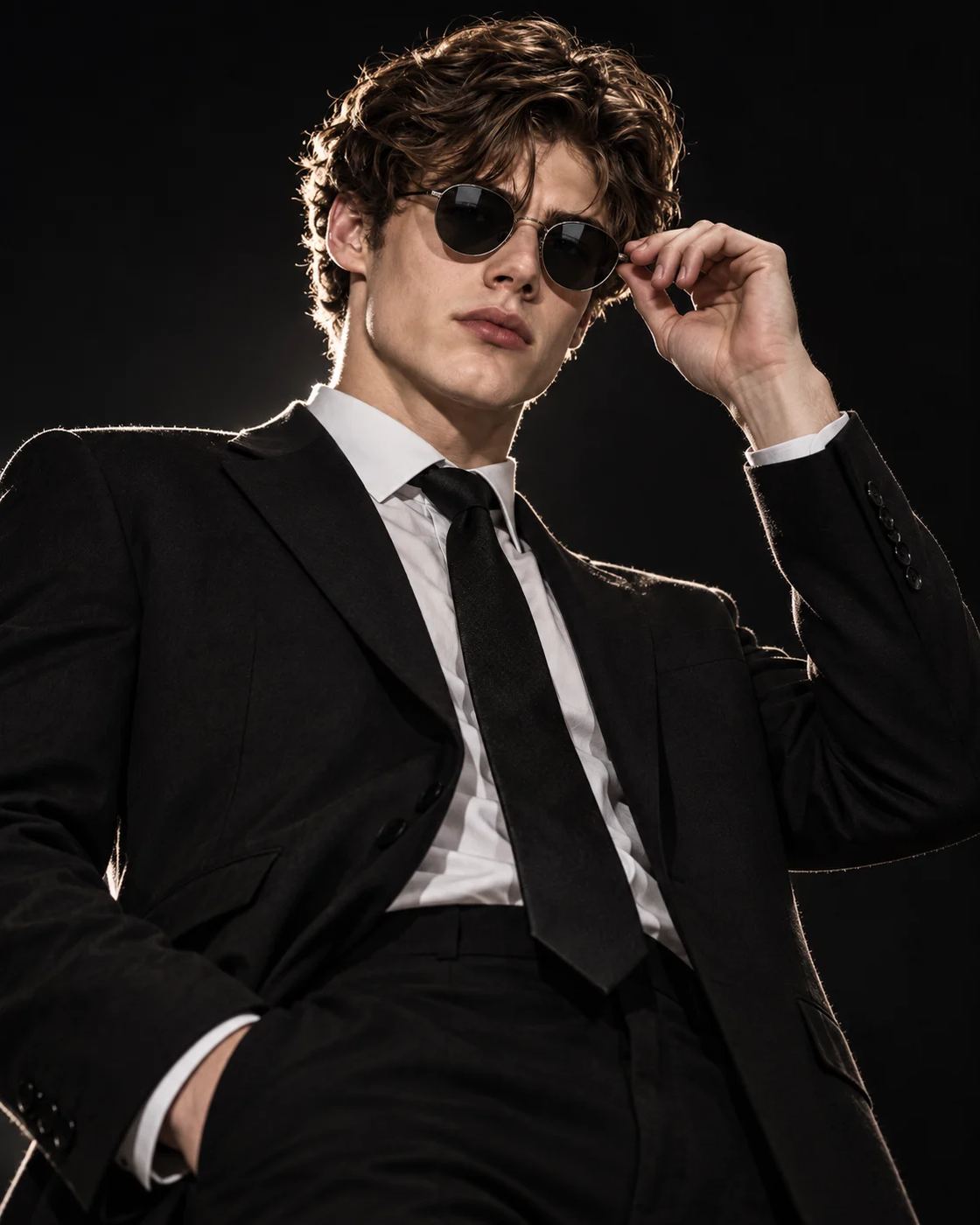 AI Photo Prompt: Dramatic low-angle cinematic portrait of a young man in a tailored black suit and tie, adjusting his round dark sunglasses against a minimal black background.