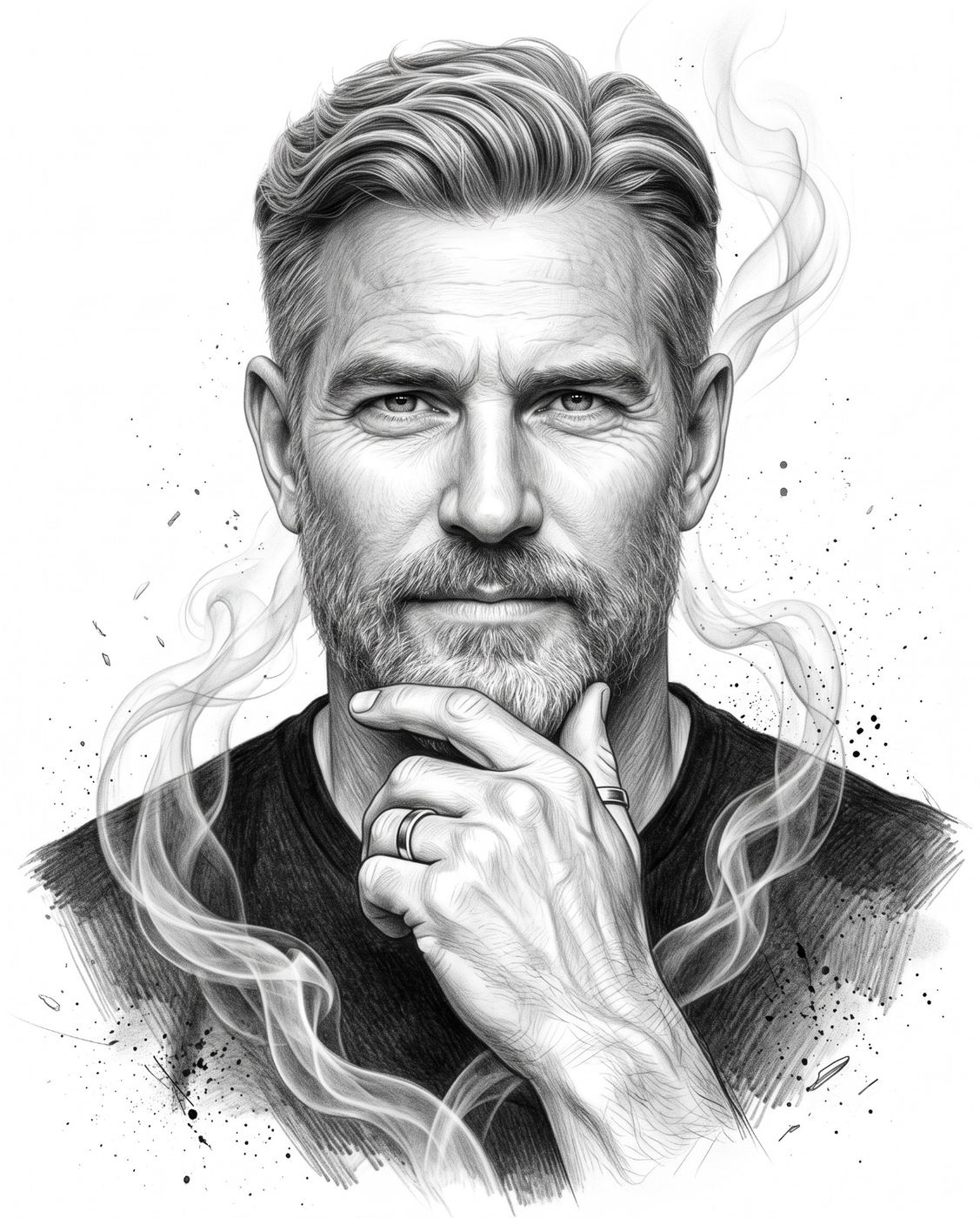 Bearded Pensive Man Sketch AI Photo Editing Prompt. AI generated pencil-style digital portrait of a mature man with swirling smoke and ink splatters.