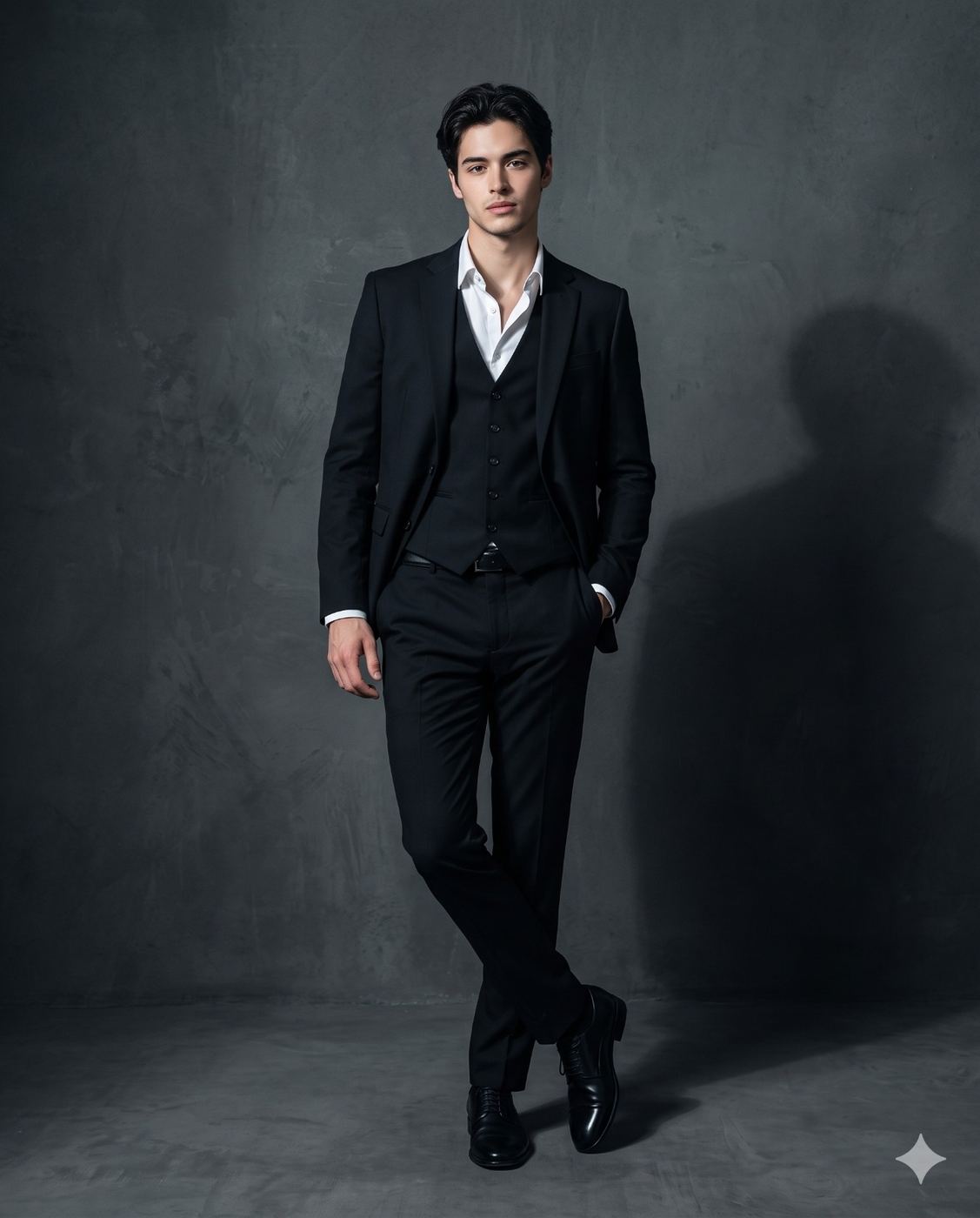 Handsome Man in Black Three-Piece Suit AI Photo Editing Prompt. AI generated studio portrait of a young man in a sharp black suit and open white shirt posing against a textured dark grey background with dramatic shadows.