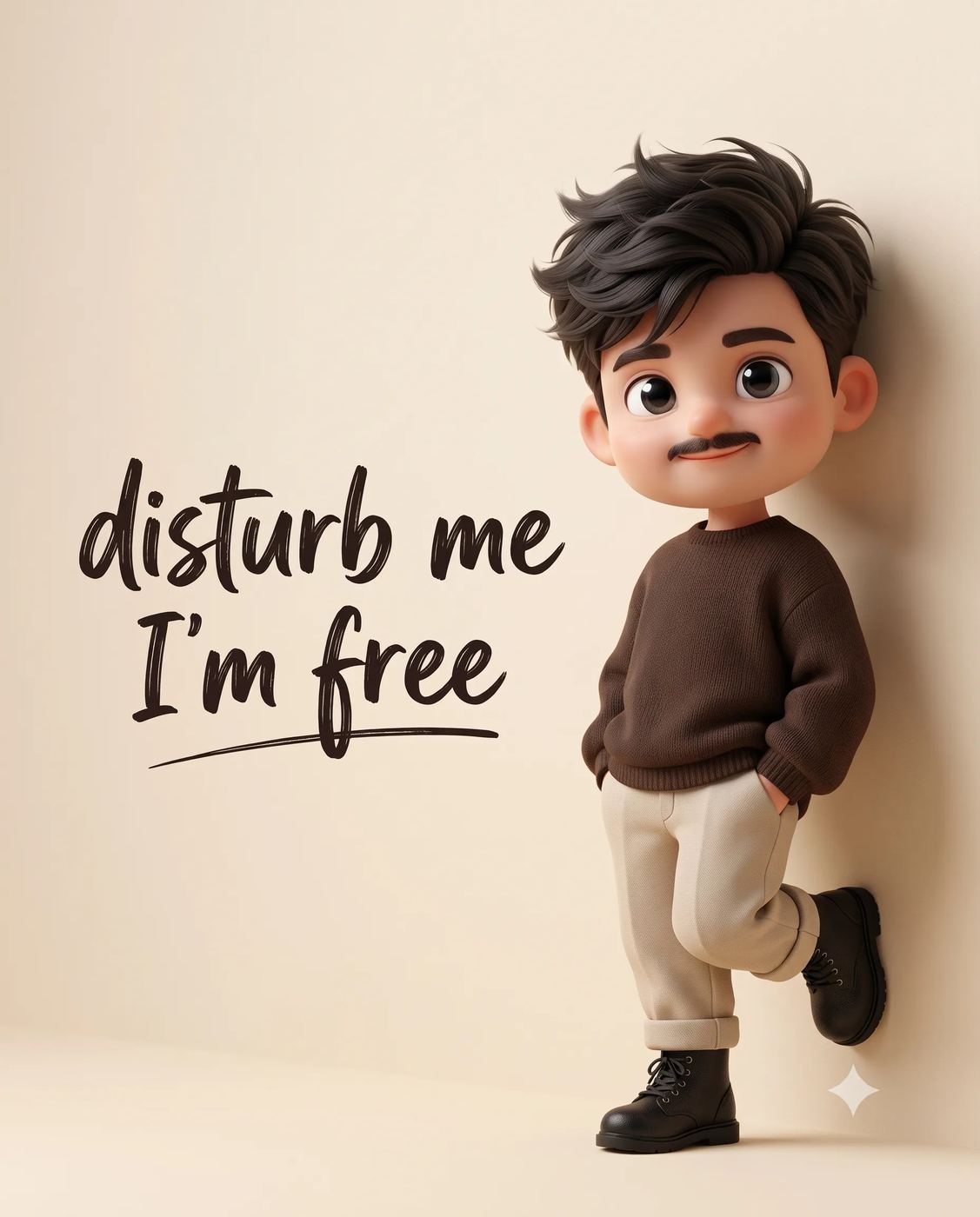 AI Photo Editing Prompt: Cute 3D character design of a boy with a mustache posing with hands in his pockets next to handwritten text.