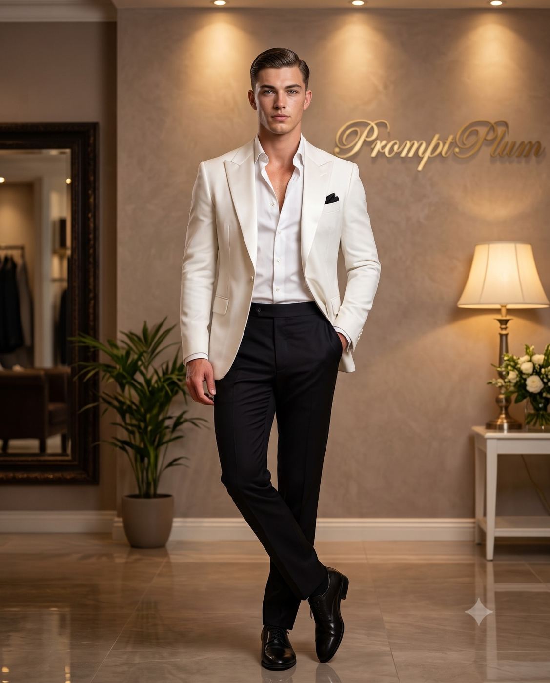 Handsome Man in White Blazer Fashion Portrait AI Photo Editing Prompt. AI generated fashion portrait of a stylish man wearing a white blazer and black trousers in a luxury interior.