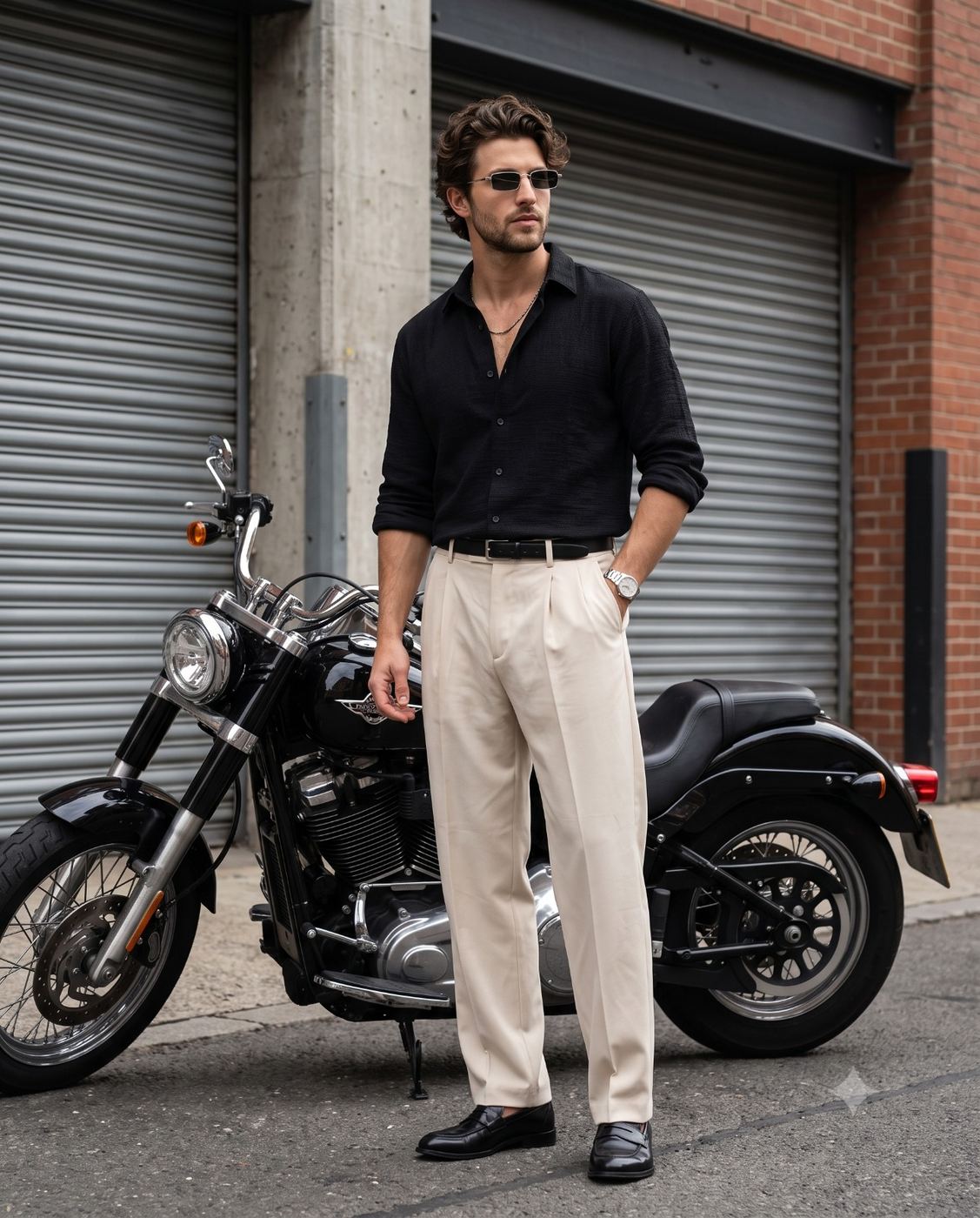 Stylish man standing next to a black motorcycle AI Photo Editing Prompt. AI generated urban lifestyle portrait of a handsome man wearing a black shirt, cream trousers, and sunglasses confidently posing by a classic cruiser motorbike on a city street.