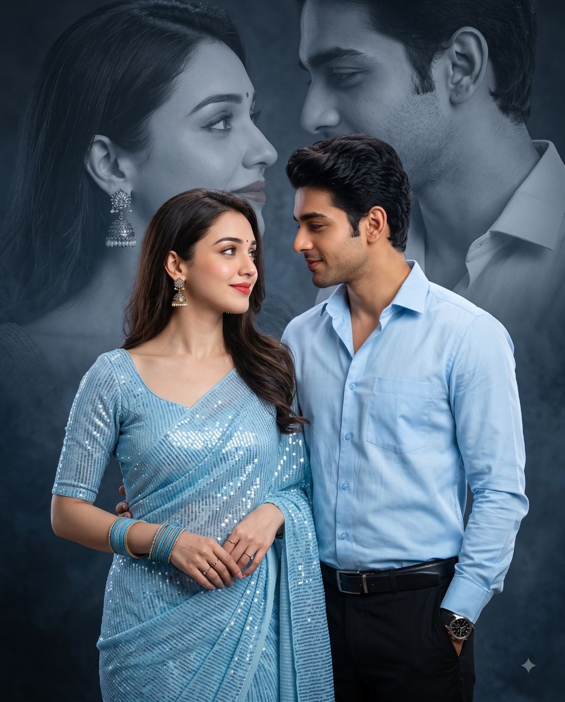 Blue Saree Couple Portrait with Duotone Background AI Photo Editing Prompt. AI generated studio portrait of an Indian couple in matching blue outfits, sequin saree and shirt, posed against a soft blue duotone ghost-portrait backdrop.