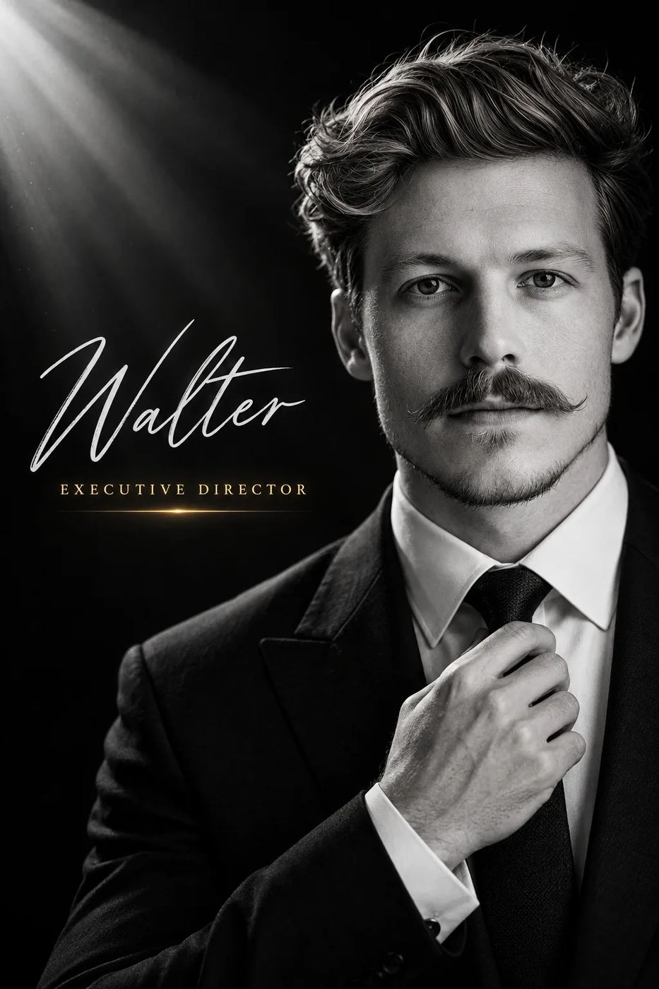 AI Photo Editing Prompt: High contrast black and white corporate photo of a man with a mustache, alongside text for Walter Executive Director.