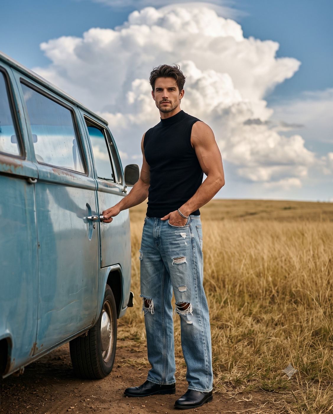 Man with Vintage Van in Field Outdoor Portrait AI Photo Editing Prompt. AI generated realistic outdoor portrait of a fit man in a black sleeveless top and ripped jeans posing with a vintage blue van in a dry grassy field.