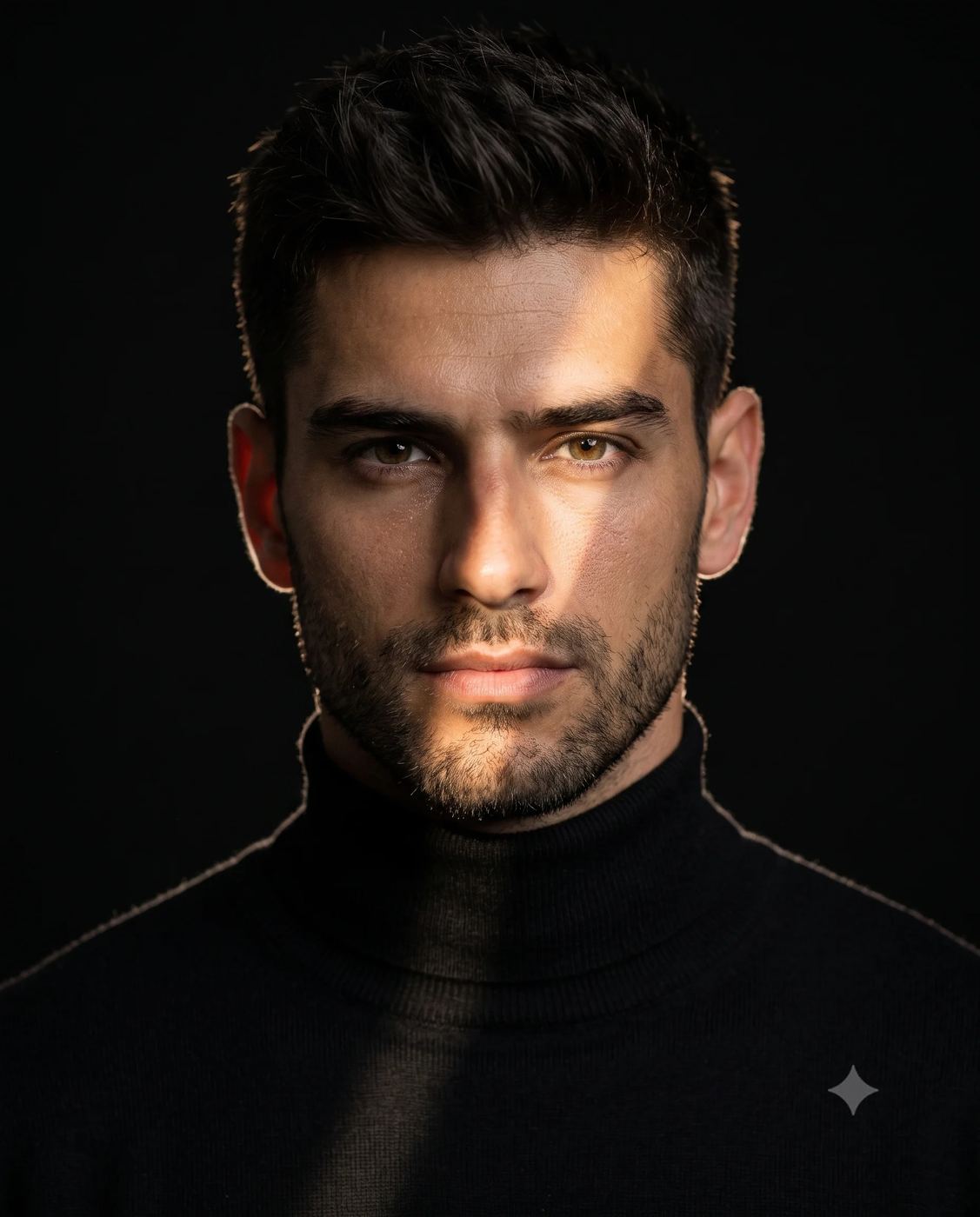 Dramatic Split-Light Male Portrait AI Photo Editing Prompt. AI generated studio portrait of a bearded man in a black turtleneck with deep chiaroscuro lighting on his face.