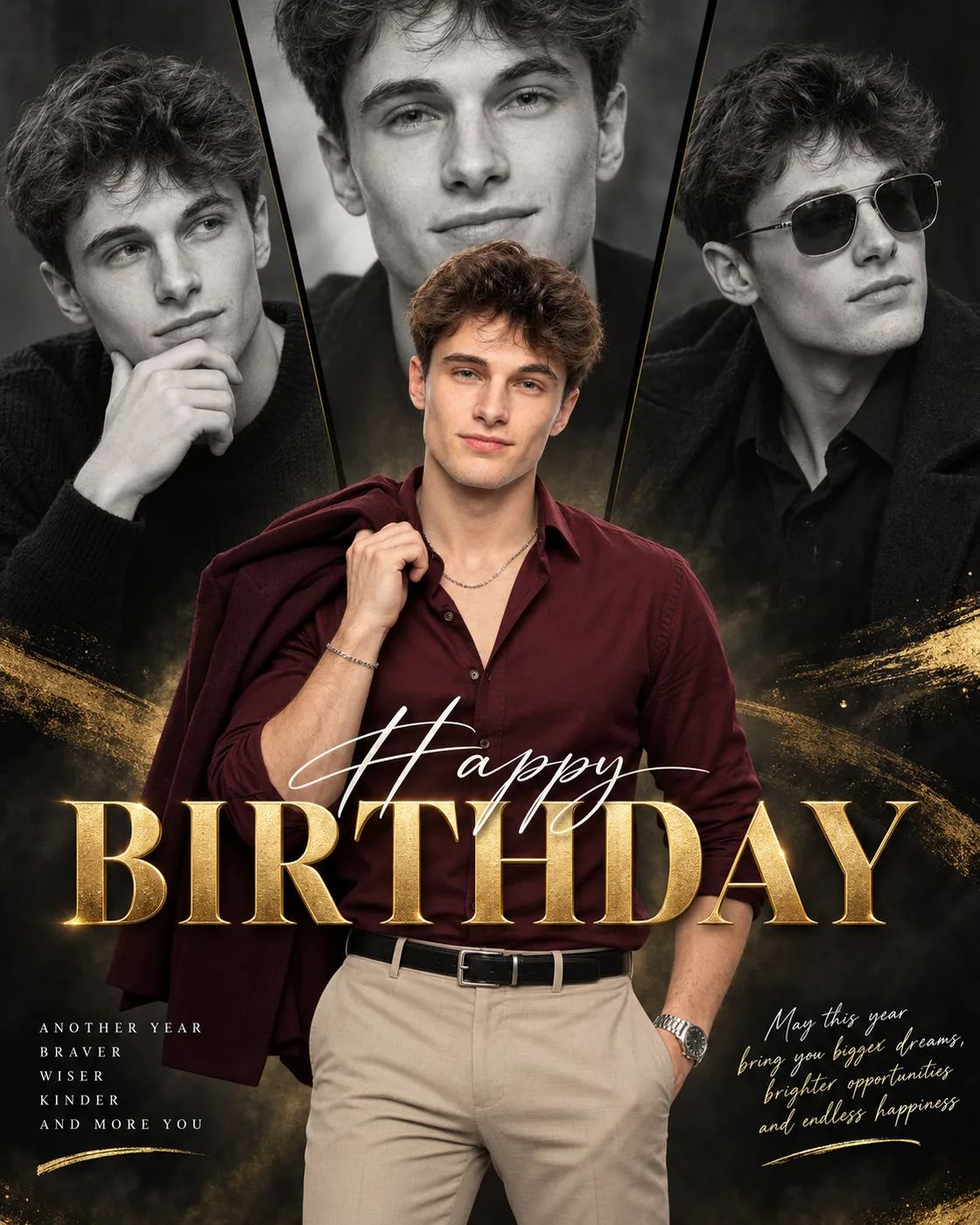 AI Image Prompt: Cinematic birthday poster of a young man in burgundy and beige with 3D gold typography.
