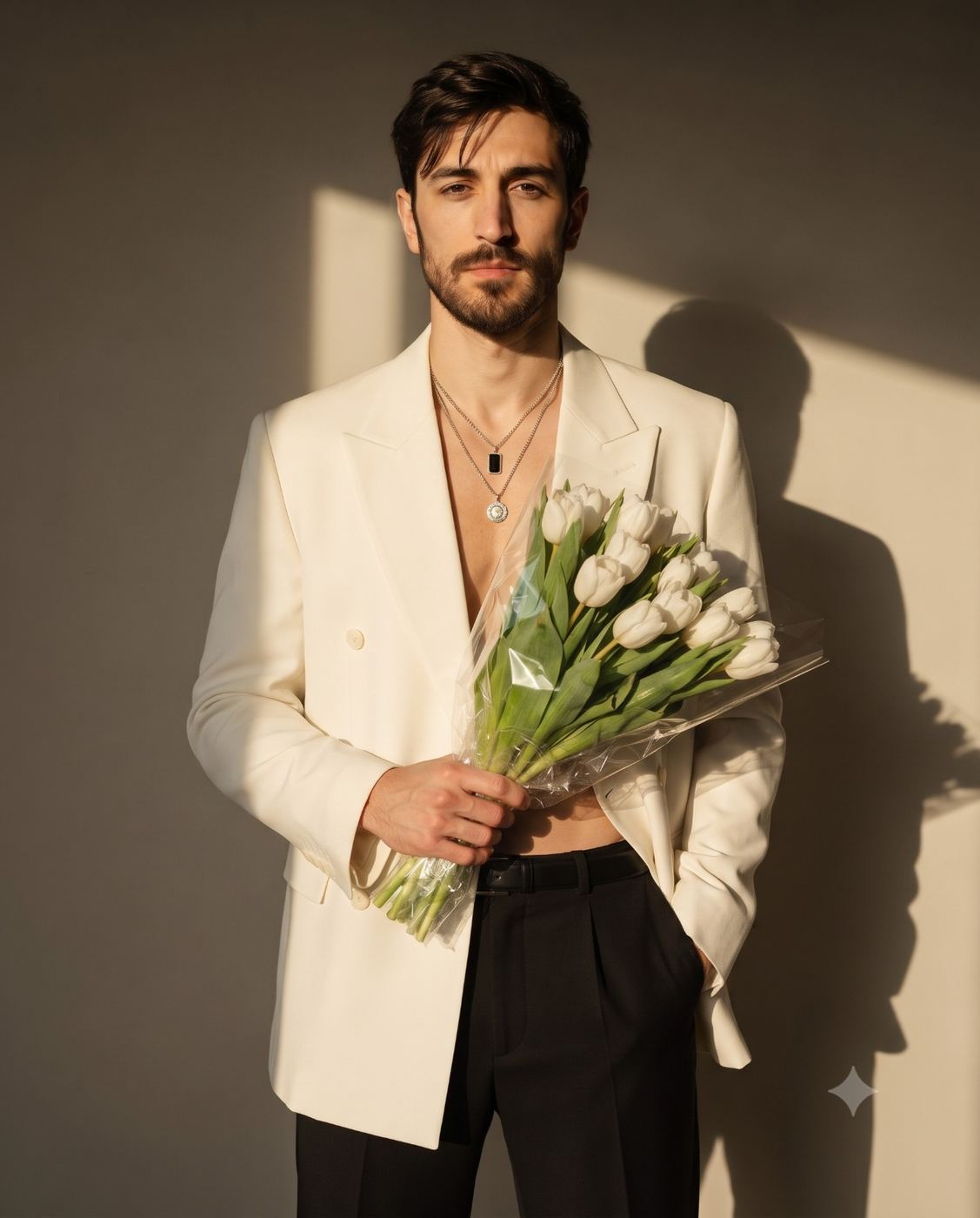 Editorial fashion portrait of a stylish man holding white tulips AI Photo Editing Prompt. AI generated studio portrait of a handsome bearded man wearing an open white blazer over a bare chest with layered necklaces, holding a clear-wrapped bouquet of white tulips against a neutral wall with dramatic shadow lighting.